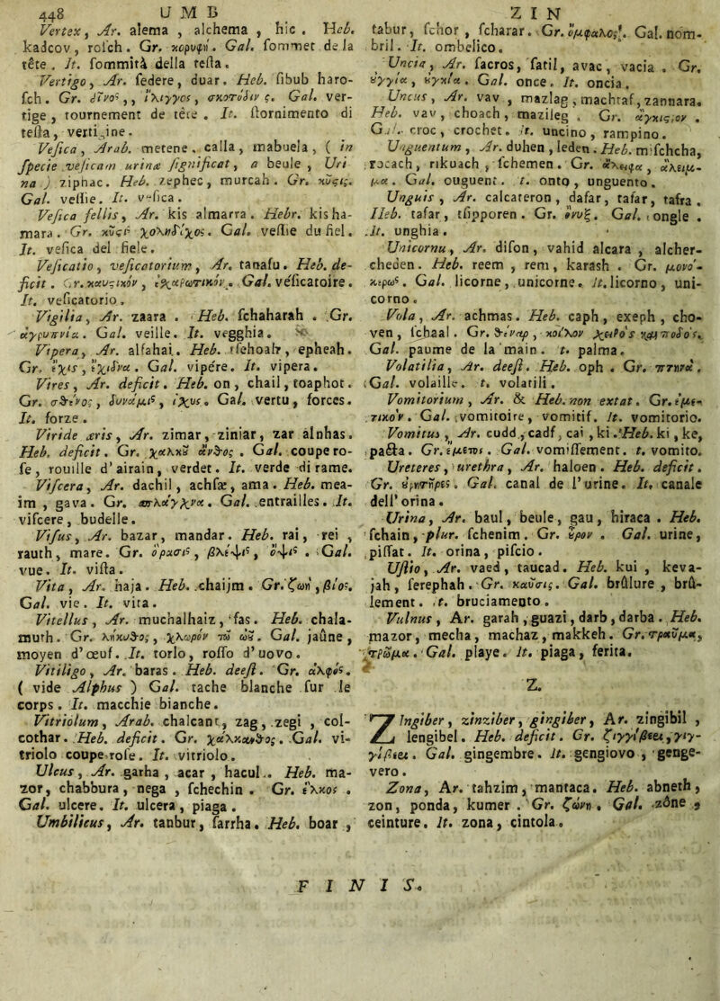 Vertex) Ar. alema , alchema , hic . Web. kadcov , rclch . Gr. xopvfv'. Gal. fomtier de Ia tSte „ Jt. fommiti della tefta. Vertigo, Ar. federe, duar. Heb. fibub haro- fch. Gr. jTvoS f, iXiyyos, axorbliv c. Gal. ver- tige , tournement de tere . It. fiornimento di tefta, vertigine. Vefica, Arab. metene . calla, mabuela, ( in fpecie vejicam urina fgnificat, a beule, Uri na J zipnac. Heb. zephec, murcah. Gr. hiVi;. Gal. veflie. It. vefica. Vefica fellisy Ar. kis almarra . Hebr. kisha- mar n. Gr. msp %o\nHxoi • Gal. veflie dufiel. Jt. vefica dei fiele. Vejicatio, veficatorium, Ar. taoafu . Heb. de- ficit. Gr. Hdu^iHov, l^xpuTtKn . Gal, veTicatoire. It. veficatorio. Vigilia, Ar. zaara . Heb. fchaharah . Gr. uyfu/rvlu. Gal. veille. It. vegghia. Vipera, Ar. alfahai.. Heb. 'fehoal?, epheah. Gr. iy*s, tyilva. Gal. vipe're. It. vipera. iVires, Ar. deficit. Heb.on, chail, toaphot. Gr. crd-jVo;, SwdjjiS, . Ga/. vertu, forces. It. forze. Viride aris, Ar. zimar, ziniar, zar alnhas. Heb. deficit. Gr. yeeKxe bcrS-o; . Gal. coupero- fe, rouille d’airain, verdet. It. verde di rame. Vifcera, Ar. dachil, achfie, ama. Heb. mea- im , gava. Gr. eorKocyg_vx. Gal. .entrailles. It. vifcere, budeile. Vifust Ar. bazar, mandar. Heb. rai, rei , rauth, mare. Gr. opuat, /S\e4,?i *4<s • 'Gal. vue. It. vifta. Vita, Ar. haja. Heb. chaijm . Gr.'C<a»,/8<V. Gal. vie. It. vira. Vitellus , Ar. muchalhaiz, 'fas. Heb. chala- murh. Gr. Xtibcvd-s,, yxupov 7w ai?. Gal. jaune , moyen d’oeuf. Jr. torlo, roflo d’uovo. Vitiligo, Ar. bitzs. Heb. deejl. Gr. d\<p«s. ( vide Alphus ) Ga/. tache blanche fur le corps. It. macchie bianche. Vitriolum, Arab. chalcant, zag,.zegi , col- cothar. Heb. deficit. Gr. xd\y.ct*^og. Gal. vi- triolo coupe rofe. It. vitrioio. Ulcus, Ar. garha , acar , hacul.. Heb. ma- zor, chabbura, nega , fchechin . Gr. i\y.oi . Gal. ulcere. It. ulcera, piaga . Umbilicus, Ar. tanbur, farrha. Heb. boar , fabur, fcnor , fcharar. Gr. o/jq>oL\G$\ Gal. fiom- bril. It. ombelico. f Uncia? Ar. facros, Tatii, avac , vacia . Gr. *yy<*, Hyxlci, Gal. once. It. oncia. Uncus , Ar. vav , mazlag , machtaf, zannara. Heb. vav/, choach , maziieg'. Gr. xyxig.oy . G.; .- croc, crochet. t. uncino, rampino. Unguentum , Ar. duhen , ieden. Heb. mfchcha, rjcach, rikuach , fchemen . Gr. } H\au- . G//A ouguenr. r. ontq, unguento. Unguis , ^r. calcareron, dafar, tafar, tafra . Heb. tafar, tfipporen . Gr. »vv%. Ga/. congie . .i/, unghia . Unicornu, Ar. difon, vahid alcara , alcher- cheoen. Heb. reem , rem, karash . Gr. y.ovd- a,ipa)«. G«/.. licorne , unicorne. Jt.licorno, uni- corno. Vola, Ar. achmas. Heb. caph, exeph , cho- ven , lcbaa! . Gr. 'blvap , hoi'\ov Xjntos rjniteSosy Gal. paume de la main. t. palma. Volatilia, Ar. deeft. Heb. oph . Gr. tttw* . •:Gal. volailk-. t. volatili. Vomitorium , Ar. & Heb. non extat. Gr.ifit- . rixor • Ga/. .vomitoire , vomitif. It. vomitorio. Vomitus, Ar. cudd., cadf, cai , ki .Heb. ki, ke, pa&a. Gr. ttJ.iTVi. GW. vomiffement. t. vomito. Ureteres, > urethra , yfr. haloen . Heb. deficit. Gr. y)rrrpes. Gal. canal de i’urine. It, canale dell* orina. Urina, Ar. baul, beule, gau, hiraca . Heb. fchain, plur. fchenim. Gr. hpov . Gal. urine, piffat. It. orina, pifcio. Ujlio, Ar. vaed , taucad. Heb. kui , keva- jah, ferephah. Gr. xctvo-i$. Gal. brfllure , brft- lement. it. bruciameoto. Vulnus , Ar. garah , guazi, darb , darba . Heb. mazor, mecha, machaz, makkeh. Gr.-rp»?/*», urpu/joc. ■ Gal. playe. It. piaga, ferita. Zingiber, zinziber, gingiber, Ar. zingibil , lengibel. Heb. deficit. Gr. ftyyl^iu^yty- ylftitt. Gal. gingembre. It. gengiovo , genge- vero. Zona, Ar. tahzim, mantaca. Heb. abneth, zon, ponda, kumer.'Gr. , Gal. -z3ne 5 ceinture. It. zona, cintola. FINI 'S: