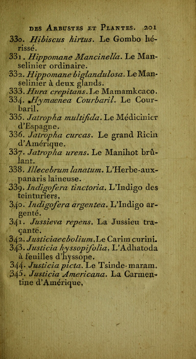 330. Hibiscus hirtus. Le Gombo hé-> risse. 331. Hippomane Mancinella. Le Man- selinier ordinaire. 33^. Hippomane biglandulosa. LeMan- selinier à deux glands. 333 .Hura crepitans .Le Mamamkcaco. 334. %Hymaenea Courbaril. Le Cour- baril. 335. Jatropha multifida. Le Médicinier d’Espagne. 336. Jatropha curcas. Le grand Ricin d’Amérique, 337. Jatropha urens. Le Manihot brû- lant. 338. Illecebrum lanatum. L’Herbe-aux- panàris laineuse. ZZy.lndigofera tinctoria. L’Indigo des teinturiers, 340. Indigofera argentea, L’Indigo ar- genté. 34i* Jussieva repens. La Jussieu tra- çante. 342.. Justiciaecbolium. Le Carim çurini. 343. Justi cia hyssopifolia. L’Adhatoda à feuilles d’hyssope. 344* Justicia picta. Le Tsinde-maram, 345. Justicia Americana. La Carmen.'* tine d’Amérique,