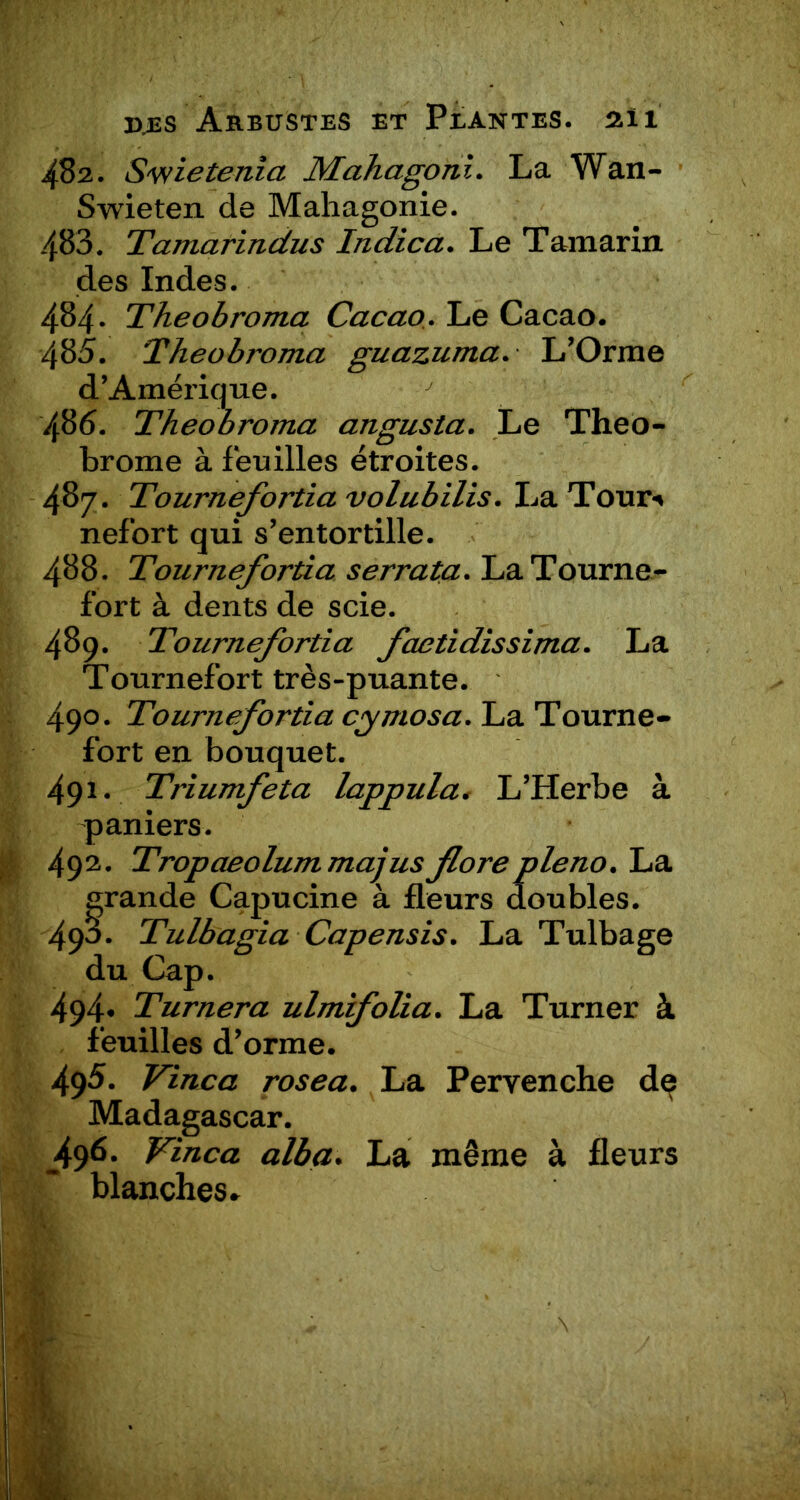 482. Swietenîa Mahagoni. La Wan- Swieten. de Mahagonie. 483. Tamarindus Indica. Le Tamarin, des Indes. 484. Theobroma Cacao. Le Cacao. 485. Theobroma guazuma. L’Orme d’Amérique. 7 485. Theobroma angusta. Le Theo- brome à feuilles étroites. 487. Tournefortia volubilis. La Tour-» nefort qui s’entortille. 488. Tournefortia serrata. LaTourne- fort à dents de scie. 489. Tournefortia foetidissima. La Tournefort très-puante. 490. Tournefortia cymosa. La Tourne- fort en bouquet. 491. Triumfeta lappula. L’Herbe à paniers. 492. Tropaeolum majus fore pleno. La grande Capucine à fleurs doubles. 490. Tulbagia Capensis. La Tulbage du Cap. 494* Turnera ulmifolia. La Turner à feuilles d’orme. 495. Tinca rosea. La Pervenche dç Madagascar. _49^- Tinca alba. La même à fleurs blanches.