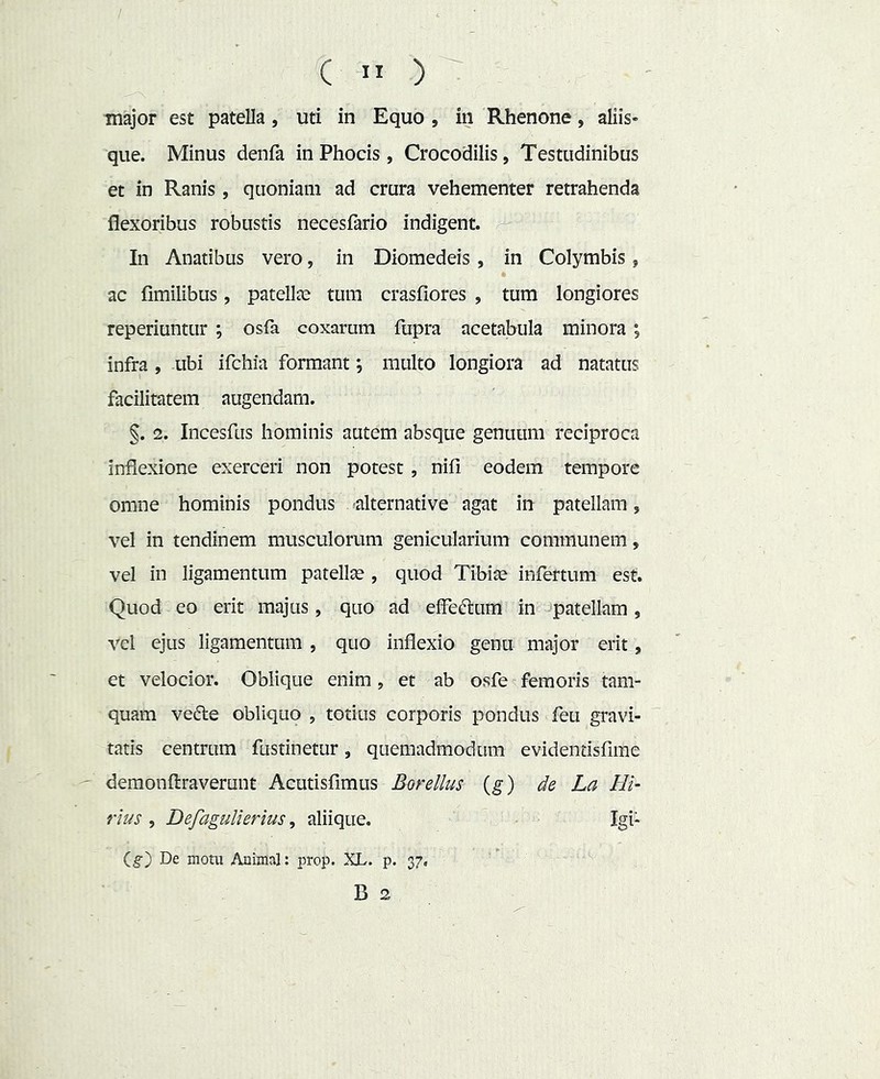 ( ” ) major est patella, uti in Equo , in Rhenone, aliis» que. Minus denfa in Phocis, Crocodilis, Testudinibus et in Ranis, quoniam ad crura vehementer retrahenda flexoribus robustis necesfario indigent. In Anatibus vero, in Diomedeis , in Colymbis, ac fimilibus, patellte tum crasfiores , tum longiores reperiuntur ; osfa coxarum fupra acetabula minora ; infra , ubi ifchia formant *, multo longiora ad natatus facilitatem augendam. §. 2. Incesfus hominis autem absque genuum reciproca inflexione exerceri non potest , nifi eodem tempore omne hominis pondus alternative agat in patellam, vel in tendinem musculorum genicularium communem, vel in ligamentum patellte , quod Tibiae infertum est. Quod eo erit majus, quo ad effeiflum in ^patellam , vel ejus ligamentum , quo inflexio genu major erit, et veloeior. Oblique enim, et ab osfe femoris tam- quam vedle obliquo , totius corporis pondus feu gravi- tatis centrum fustinetur, quemadmodum evidentisfime - demonftraverunt Acutisfimus Borellus (g) de La Hi- rius 5 DefaguUerlus, aliique. Igi- De motu Auimal: prop. XL. p. 37, B 2