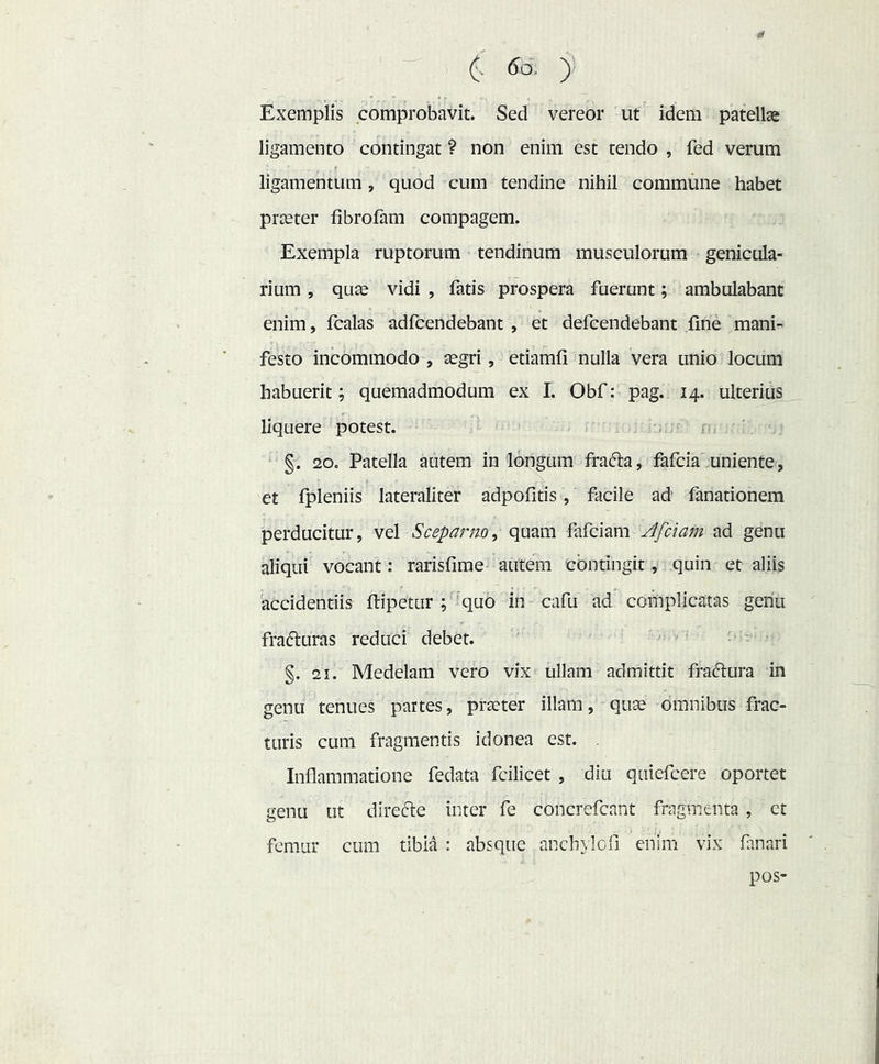 - (. 6d. ) Exemplis comprobavit. Sed vereor ut idem patellae ligamento contingat ? non enim est tendo , fed verum ligamentum, quod cum tendine nihil commune habet prceter librofam compagem. Exempla ruptorum tendinum musculorum genicula- rium , quae vidi , fatis prospera fuerunt; ambulabant enim, fcalas adfcendebant , et defcendebant fine mani- festo incommodo , aegri, etiamfi nulla vera unio locum habuerit; quemadmodum ex I. Obf: pag. 14. ulterius_ liquere potest. U; \ §. 20. Patella autem in longum fradia, fafcia'uniente, et fpleniis lateraliter adpofitis, facile ad fanationem perducitur, vel Sceparm, quam fafciam Afciam ad genu aliqui vocant: rarisfime autem contingit, quin et aliis accidentiis ftipetur ;'’quo in cafu ad complicatas genu frafturas reduci debet. ^ ■ §. 21. Medelam vero vix ullam admittit fraftura in genu tenues partes, prseter illam, quae omnibus frac- turis cum fragmentis idonea est. Inflammatione fedata fcilicet , diu quiefcere oportet genu ut directe inter fe concrefcant fragmenta , et femur cum tibia : absque anchylofi enim vix finari pos-
