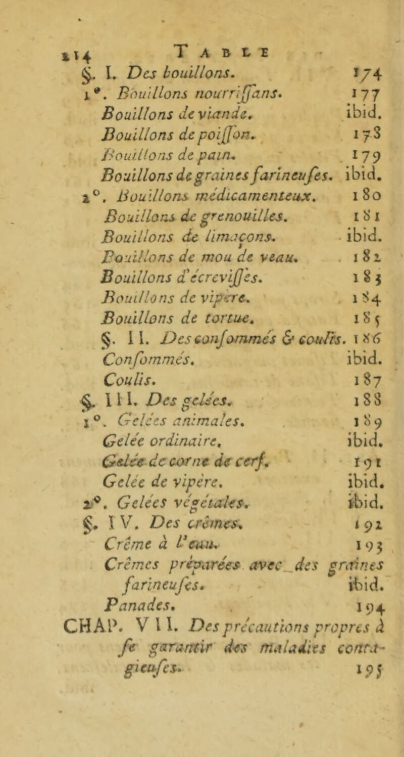 4^4 T A B L T I. Des bouillons. 174 i *\ Bouillons nourrijfans. 177 Bouillons de viande. ibid. Bouillons de poiffon. 17 S Bouillons de pain. 179 Bouillons de graines farïneufes. ibid. 1°. Bouillons médicamenteux. 180 Bouillons de grenouilles. 1 81 Bouillons de limaçons. ibid. Bouillons de mou de veau. \ 8 i Bouillons d'écrevijj'es. 18$ Boudions de vipere. 1 84 Bouillons de tortue. 18 5 §. 11. Desconjommés & cou/ts. 1 86 Consommés. ibid. Coulis. 187 1 H. Des gelées. 18 8 x°. Gelées animales. 189 Gelée ordinaire, ibid. Gelée de corne de cerf. 191 Gelée de vipère. ibid. 2°. Gelées végétales. ibid. IV. Des crèmes. 191 Crème à Beau. 19 3 Crèmes préparées avec des grttin.es farïneufes. ibid. Panades. 194 CH AP. V 11. Des précautions propres à fe garantir des maladies conta- gicu/cs. i?5