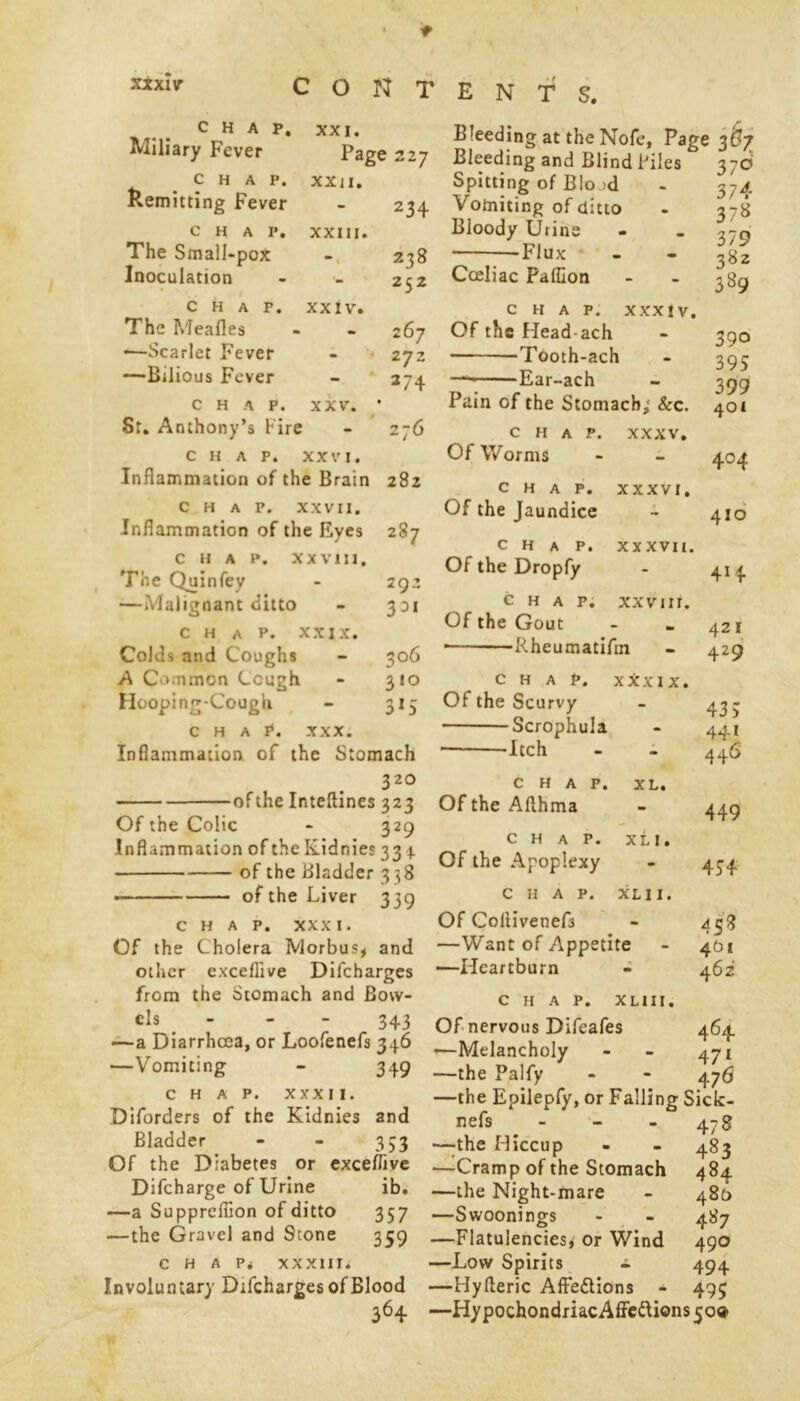 xixiv I ♦ CONTENTS. CHAP. XXI. Miliary Fever Page 227 chap. xxu. Remitting Fever - 234 chap. XXIII. The Small-pox - 238 Inoculation - - 252 Bleeding at the Nofe, Page 367 Bleeding and Blind Piles 376 Spitting of Bio >d - 3 jj. Vomiting of ditto - 378 Bloody Urine - - 370 —Flux - - 38^ Cceliac Falflon - - chap, xx iv. The Mealies - - 267 —Scarlet Fever - 272 —Bilious Fever - 274 chap. xxv. * Sr. Anthony’s Fire - 276 chap. xxvi. Inflammation of the Brain 282 CHAP. XXVII. Inflammation of the Eyes 287 CHAP. XXVIII. The Quinfey - 292 —Malignant ditto - 331 CHAP. xxix. Colds and Coughs - 306 A Common Cough - 310 Hooping-Cough - 315 CHAP. xxx. Inflammation of the Stomach 320 of the Inteftines 323 Of the Colic - 329 Inflammation of the Kidnies 33 4 of the Bladder 338 of the Liver 339 CHAP. XXXI. Of the Cholera Morbus, and other exceflive Difcharges from the Stomach and Bow- els - - - 343 —a Diarrhoea, or Loofenefs 346 —Vomiting - 349 CHAP. xxxi 1. Diforders of the Kidnies and Bladder - - 353 Of the Diabetes or exceflive Difcharge of Urine ib. —a Suppreflion of ditto 357 —the Gravel and Stone 359 C H A Pi XXXIII* Involuntary DifchargesofBlood 364 CHAP. XXXIV. Of the Head-ach Tooth-ach — Ear-ach Pain of the Stomach, &c. 390 395 399 401 CHAP. Of Worms XXXV. 404 CHAP. Of the Jaundice XXXVI. f 410 CHAP. Of the Dropfy XXXVII. 414 CHAP. xxviir. Of the Gout • — Rheumatifm 421 429 CHAP. Of the Scurvy Scrophula Itch XXXIX. 43 3 441 446 CHAP. Of the Afthma XL. 449 CHAP. Of the Apoplexy X L I» 454 CHAP. XL I I. Of Collivenef3 - 438 —Want of Appetite - 461 —Heartburn - 462 CIIAP. XLIII. Of nervous Difeafes 464 —Melancholy - - 471 —the Palfy - - 476 —the Epilepfy, or Falling Sick- nefs - - - 478 —the Hiccup - - 483 -—Cramp of the Stomach 484 —the Night-mare - 480 —Swoonings - - 487 —Flatulencies, or Wind 490 —Low Spirits - 494 —Hyfleric AfFe&ions - 495 —HypochondriacAffeftions5oa