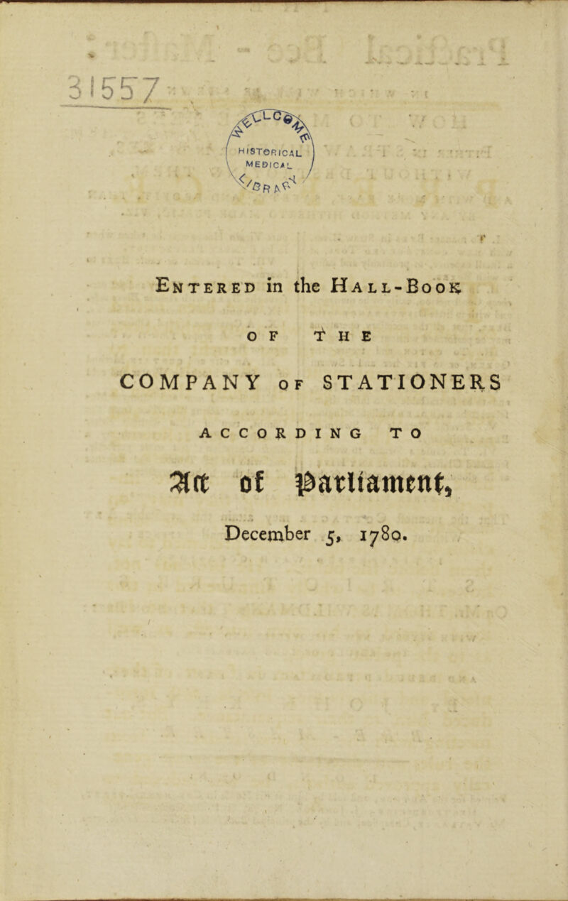 V ilS?/ , ■ Entered in the Hall-Book O F 'f' H E « COMPANY OF STATIONERS ACCORDING TO Z(t of December .5, 1780. /