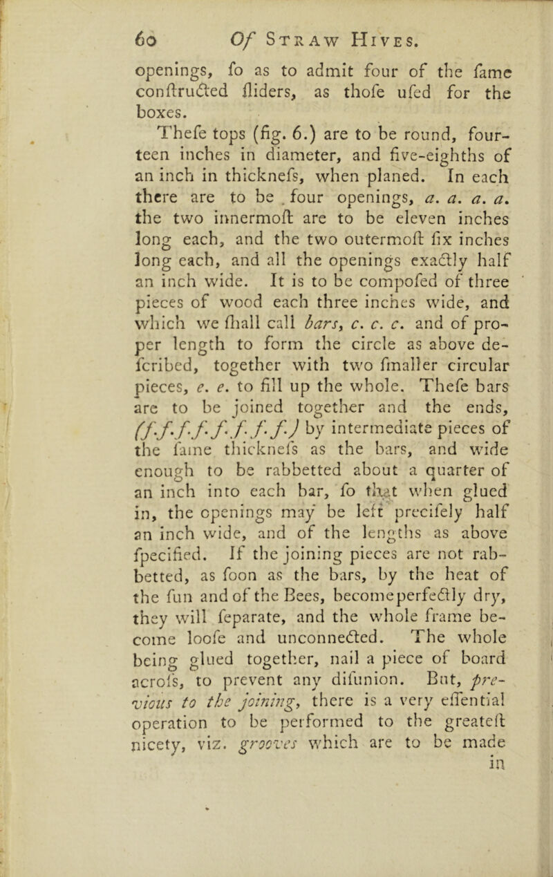 openings, fo as to admit four of the fame conftrudled Aiders, as thofe ufed for the boxes. Thefe tops (fig. 6.) are to be round, four- teen inches in diameter, and five-eighths of an inch in thicknefs, when planed. In each there are to be . four openings, a. a. a. a. the two innermofl: are to be eleven inches long each, and the two outermoft fix inches long each, and all the openings exaddly half an inch wide. It is to be compofed of three pieces of wood each three inches wide, and which we Aiall call barsy c, c. c. and of pro- per length to form the circle as above de- feribed, together with two fmaller circular pieces, e, e, to fill up the whole. Thefe bars arc to be joined together and the ends, (f'f'f'f'f'f'f'f') intermediate pieces of the lame thicknefs as the bars, and wide enoueh to be rabbetted about a nuarter of an inch into each bar, fo that when glued in, the openings may be left precifely half an inch wide, and of the lengths as above fpecified. If the joining pieces are not rab- betted, as foon as the bars, by the heat of the fun and of the Bees, becomeperfeftly dry, they will feparate, and the whole frame be- come loofe and unconnected. The whole being glued together, nail a piece of board acrol's, to prevent any difunion. But, 'vious to the joiningy there is a very efiential operation to be performed to the greatefl nicety, viz. grooves which are to be made in