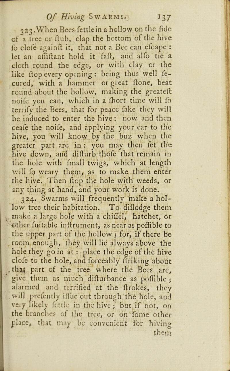 323. When Bees fettle in a hollow on the fide of a tree or flub, clap the bottom of the hive fo clofe againfl it, that not a Bee can efcape : let an afiiftant hold it fafl:, and alfo tie a cloth round the edge, or with clay or the like flop every opening: being thus well fe- cured, with a hammer or great flone, beat round about the hollow, making the greatefl noife you can, which in a fhort time will fo terrify the Bees, that for peace fake they will be induced to enter the hive : now and then ceafe the noife, and applying your ear to the hive, you will know by the buz when the greater part are in : you may then fet the hive down, an'd difiurb thofe that remain in the hole with fmall twigs, which at length v/iil fo weary them,- as to make them enter the hive.^ Then flop the hole with weeds, or any thing at hand,*and your vvork is done. 324. Swarms will frequently^lnake a hol- low tree their habitation. To.‘diflod^e them make a large hole with a chiffel, hatchet, or ^ther fuitable inftrument, as near as pdflible to the upper part of fhe hollow f for^ if there be room enough, they wm*11 lie always above the hole they go in at : place the edge of the hive clofe to the hole, and forceably firiking about thai part of the tree where the Bees are, give them as much diflufbance as poffible ; alarmed and terrified at the ftrokes, they will prefently iffue out through the hole, and very likely fettle in the hive; but if not, on the branches of the tree, or on fome other place, that may be convenient for hiving