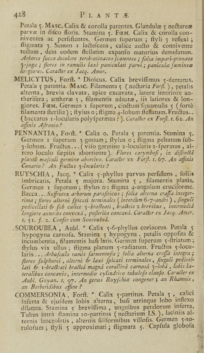 Petala s. Masc, Calix & corolla patentes. Glandule s neCtareze parva in difco floris. Stamina s. F&M. Calix & corolla con- niventes ac perfiftentes. Germen füperum ; ftyli 4 reflexi ; fügmata 53. Semen 1 la&ícens, calice aucto & connivente tectum , dein eodem ftellatim expanfo maturius denudatum. Arbores fucco decolore terebintinaceo [catentes 5 folia impari-pinnata 3Juga ; flores in ramulis laxé paniculati parvi ; panicule Tariaee orgiores. Caraller ex Jacq. Amer. MELICYTUS, Forft. * Dioicus. Calix breviffimus c-dentatus. Petala 5 patentia. Masc. Filamenta ;. ( ne&taria For). ) , petalis alterna, brevia clavata, apice excavata, latere interiore an- therifera ; anthere s , filamentis adnata, iis latiores & lon- giores. Fa M. Germen 1 fuperum , cinctum fquamulis 5 ( forte filamenta fterilia) ; ftylus o ; ftigma 4-lobum fiellatum. Fru&us... (baccatus 1-locularis polyfpermus ? ). Cara&fer ex Forfl. t. 62. An affinis Ajftronio ? ! PENNANTIA, Forft. * Calix o. Petala $ patentia. Stamina 5. Germen 1 fuperum 5 gonum ; ftylus o ; ftigma peltatum fub- tero loculo fepiüs abortiente). Z/ores corymbofi , in diflindl4 plantá ma[culi germine abortivo. Caratler ex. Forfl. t. 67. An affinis Canario? An fru&lus 3-locularis ? | RUYSCHIA , Jacq. * Calix s-phyllus parvus perfiftens , foliis imbricatis. Petala $ majora. Stamina $5 , filamentis planis. Germen r fuperum ; ftvlus o; ftigma. 4-angulum cruciforme. Bacca... Suffrutex arborum parafiticus ; folia alterna craffa Integer- rima 5 flores alterné fpicati terminales ( interdum 6-7-andri ) , fingulz pedicellati & fub calice 3-braGeati , bratleis 2, brevibus , intermediá t, S1. f. 2. Confer cum Souroubeá. incumbentia, filamentis bafi latis. Germen fuperum 5-ftriatum ; ftylus vix ullus; ftigma planum $-radiatum. Fru&us $-locu- laris... Arbufcula ramis eigen 5 folia alterna cra[fa integra 5 flores. fulphurei , alternà & laxé [picatt terminales , finguli pedice-- lati & 1-bra&eati bra&eá magná coralliná carnosá 3-lobá , lobis la- teralibus concavis, intermedio cylindrico tubulofo claufo. Caracler ex Aubl. Guyan. t. 97. An genus Ruyfchie cangener 5 an Rhamnis , an Berberidibus affine ? COMMERSONIA , Forft. *. Calix s-partitus. Petala 5 , calici inferta & ejufdem lobis alterna, bafi utrinque lobo inflexo dilatata. Stamina s breviffima , unguibus petalorum inferta.