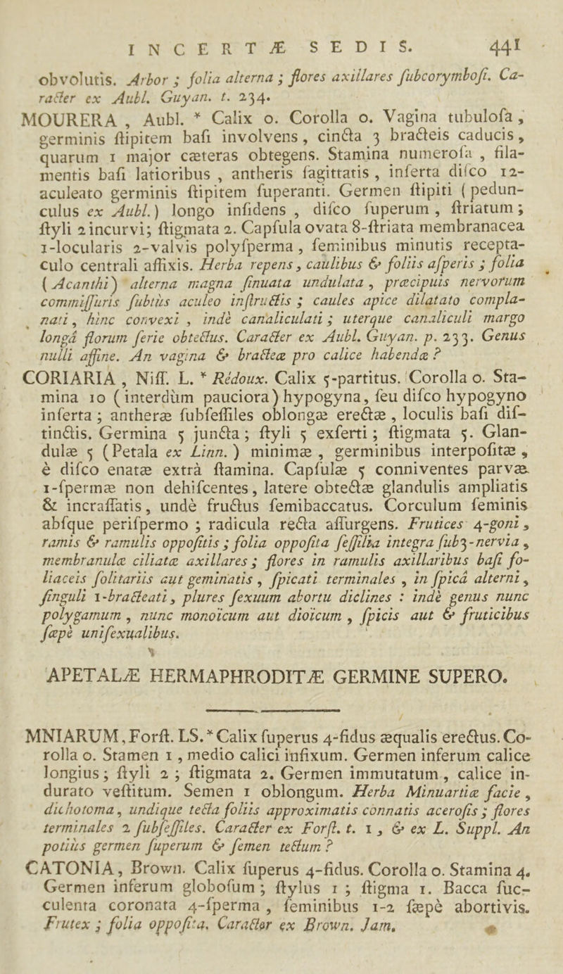 obvolutis. Arbor ; folia alterna 5 flores axillares fubcorymboft. Ca- rader ex ubl. Guyan. t. 234. MOURERA , Aubl. * Calix o. Corolla o. Vagina tubulofa , germinis flipitem bafi involvens, cin&amp;a $ bracteis caducis, quarum 1i major ceteras obtegens. Stamina numeroía , fila- mentis bafi latioribus , antheris fagittatis , inferta diíco 1i2- aculeato germinis ftipitem fuperanti. Germen ftipiti ( pedun- culus ex .4ub.) longo infidens , diíco fuperum, ftriatum ; ftyli 2 incurvi; ftigmata 2. Capfula ovata 8-ftriata membranacea . 1-locularis 2-valvis polyfperma , feminibus minutis recepta- culo centrali affixis. Herda repens , caulibus &amp; foliis afperis 5; folia (Mcanthi) alterna. magna. fínuata. undulata , precipuis. nervorum commiffuris fubtis aculeo. inflrudlis 5 caules apice dilatato compla- nati, hinc convexi , indé canaliculati ; uterque. canaliculi. margo longá florum ferie obtettus. Caratfer ex Aubl. Guyan. p. 233. Genus nulli affine. An vagina &amp; bracleg pro calice habenda ? JA CORIARIA , Niff. L. * Rédoux. Calix $-partitus. Corolla o. Sta- mina 10 ( interdüm pauciora) hypogyna, feu diíco hypogyno inferta ; anthera fubfeffiles oblonga: ere&amp;z , loculis bafi dif- tin&amp;is, Germina s jun&amp;a ; ftyli 5 exferti ; ftigmata 5. Glan- dule s (Petala ex Liz.) minima , germinibus interpofitz , e difco enate extrà ftamina. Capfule $ conniventes parva. .i-Ífpermae non dehifcentes, latere obte&amp;ze glandulis ampliatis &amp; incraffatis, undé fru&amp;tus femibaccatus. Corculum feminis abfque perifpermo ; radicula reCta affurgens. Frutices: 4-goni , ramis 6 ramulis oppofttis ; folia oppofita fefftlna integra fub3- nervia , membranula. ciliate axillares ; flores in ramulis axillaribus bafi fo- liaceis folitariis eut geminatis , fpicati. terminales , in fpicá alterni , finguli 1-bradfeati, plures fexuum abortu diclines : indé genus nunc polygamum , nunc monoicum aut dioicum , fpicis aut € fruticibus fapé unifexualibus. ! 3 APETAL/E HERMAPHRODIT € GERMINE SUPERO. : : MNIARUM, Forft. LS.* Calix fuperus 4-fidus aequalis ere&amp;us. Co- rolla o. Stamen 1 , medio calici infixum. Germen inferum calice longius; ftyli 2 ; ftigmata 2. Germen immutatum, calice in- durato veftitum. Semen 1 oblongum. JZerba Minuartie facie , ^ dichotoma , undique te&amp;ía folis approximatis connatis acerofts ; flores terminales 2, fubfeffrles. Cara&amp;fer ex Forft. t. Y , &amp; ex L. Suppl. An potiüs germen fuperum 6 femen te&amp;um ? CATONIA, Brown. Calix füperus 4-fidus. Corolla o. Stamina 4. Germen inferum globofum; ftylus 1; ftigma 1. Bacca fuc- culenta coronata 4-Íperma , feminibus 1-2 fepé abortivis. Frutex 5 folia oppofita, Cara&amp;er ex. Brown. Jam. P