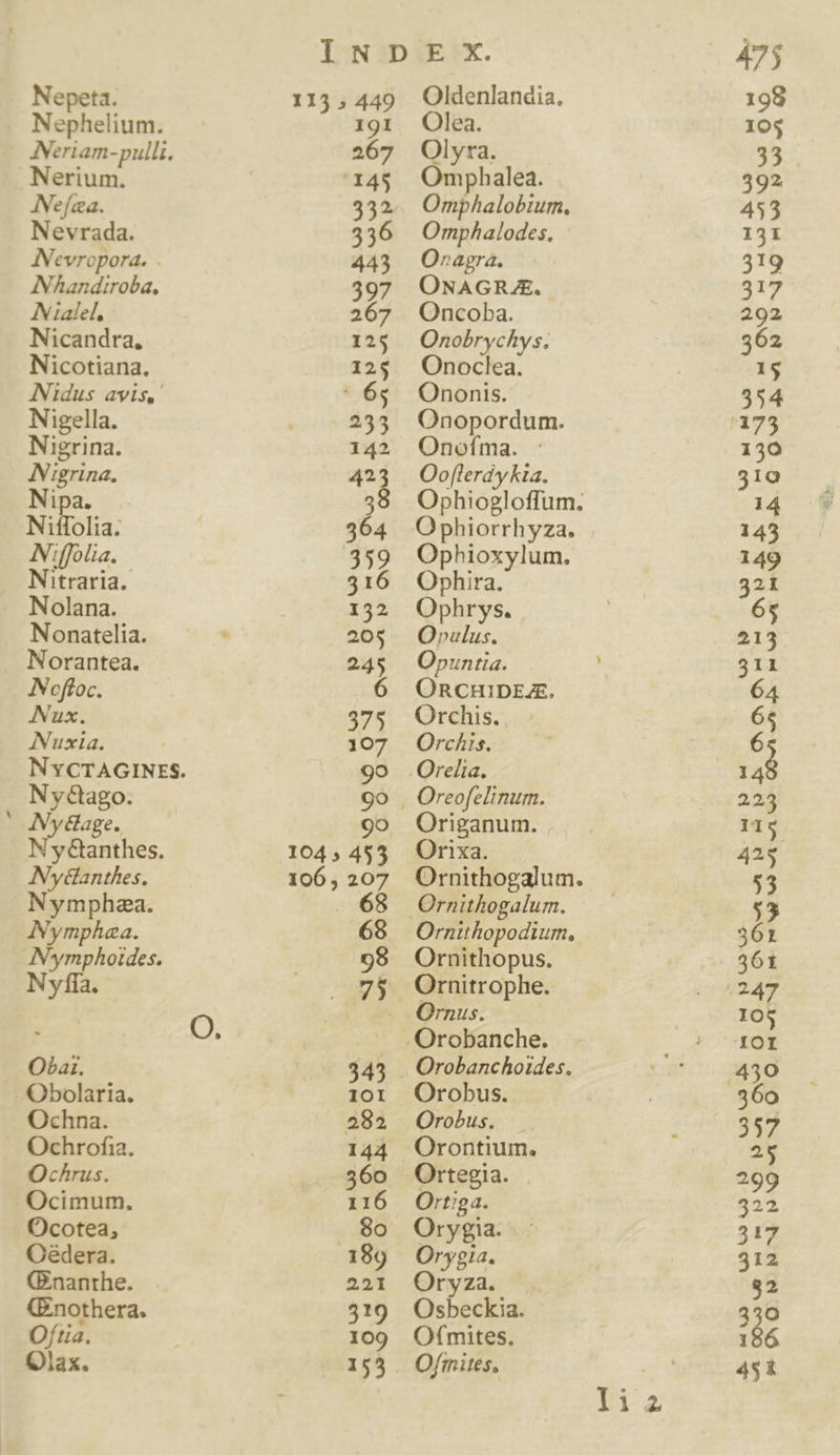 - Nepeta. 115, 449 Neulielium: « 19I Nerium. 143 Nefaa. 332. Nevrada. 336 JNevropora. . 443 INAandiroba, 397 IV ialel, 267 Nicandra. 125 Nicotiana. 125 Nidus avis, | 65 Nigella. 253 Nigrina. 142 Nigrina. 423 Nipa. 38 Niffolia. 364 Niffolia. 359 Nitraria. 316 Nolana. 132 Nonatelia. 205 Norantea. 245 INoffoc. 6 Nux. 375 Nuxia. 107 NYvCTAGINES. 9o Nyé&amp;tago. 9o INyéage. O N y&amp;anthes. 104 ; Me Nydlanthes. 106 , 207 Nymphaa. . 68 Nymphaa. 68 Nymphoides. 98 Nyfía. Ee oo o: E | Obar. v $45 Obolaria. 1OI Ochna. 282 Ochrofia. 144 Ochrus. 360 Ocimum. 116 Ocotea, 8o Oé&amp;dera. 189 (E.'nanthe. 221 (Enothera. 519 Oftia. 109 Qlax. 1553 Oldenlandia. Olea. Omphalea. Omphalodes, O»agra. ONAGRAE. Oncoba. Onobrvychys; Ouocha. Ononis. Onopordum. Onofma. : Oo[lerdy Kia. Ophiogloffum. O phiorrhyza. Ophioxylum. Ophira. Ophrys. O»ulus. Opuntia. ORCHIDEAE, Orchis. Orcis. Origanum. | Orixa. Ornithogalum. Ornithogalum. Ornithopodium, Ornithopus. Ornitrophe. Ornus. Orobanchoides. Orobus. Orobus. Orontium. Ortegia. Ortiga. Orygia. Orygia. Oryza. . Osbeckia. Ofmites, Ofmites, Tia