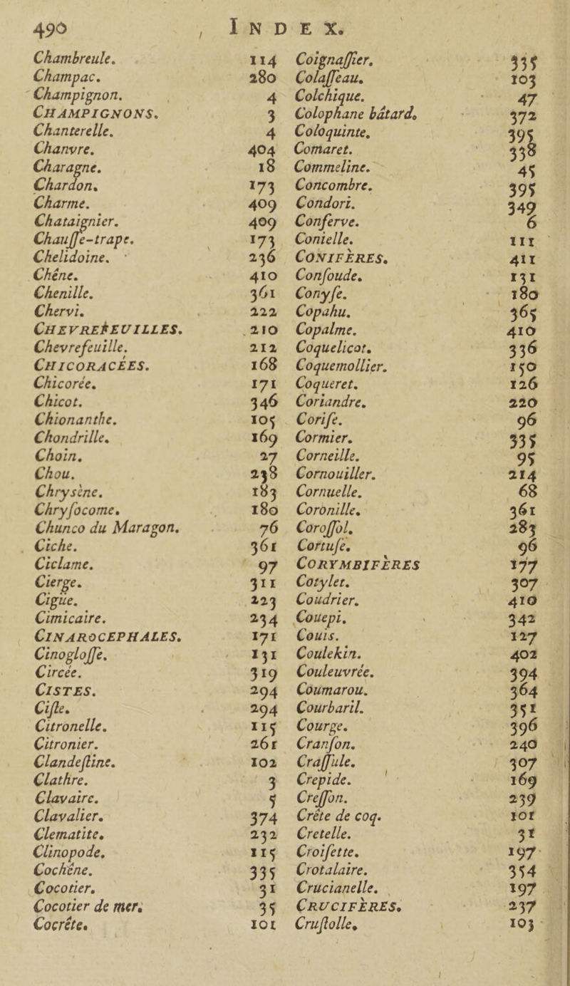 Chambreule. Champac.  Champignon. CHAMPIGNONS. Chanterelle. Chanvre. Charagne. CAardon. Charme. Chataignier. Boe -irape. Chelidoine. : Chéne. Chenille. Chervi. Chevrefeuille. CH ICORACÉES. Chicorée. Chicot. Chionanthe. Chondrille. Choin. Chou. Chry sinc. Cáryocome. Chunco du Maragon. . Ciche. Ciclame. Cierge. Cigue. Cimicaire. CINAROCEPH ALES, Cinogloffe. Circee. Cijle. SUA Citronier. Clande(line. Clathre. Clavairc. Clavalier. Clematite. Clinopode, Cochéne. Cocotier, Cocotier de mer. Cocréte. 114 280 Coignaffrer, Cola[feau. Colchique. Colophane bátard. Coloquinte, Comaret. Comrneline. Concombre. Condorz. Conferve. Conielle. CONIFERES. Confoude. Cony fe. Copahu., Copalme. Coquelicot. Coquemollier. Coqueret. Coriandre. Corife. Cormier. Corneille. Cornouiller. Cornuelle. Coronille. Coroffot. Cortufe. CORYMBIFERES Cotylet. Coudrier. Couis. Coulekin. Couleuvrée. Coumarou. Courbaril. Courge. Cranfon. Cra[fule. Crepide. Creffon. Créte de coq. Cretelle. Croifette. Crotalaire. Crucianelle. |. CRUCIFERES. Cruftolle,