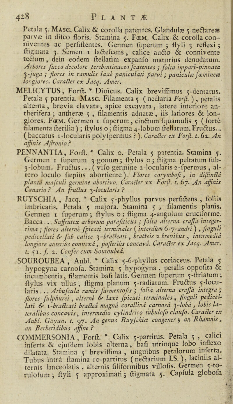 Petala Masc, Calix & corolla patentes. Glandula 5 neflareae parvai in difco floris. Stamina 5. Fcem. Calix & corolla con- niventes ac perfiftentes. Germen fuperum ; ftyli 3 reflexi; fligmata 3. Semen i ladefcens , calice au£lo 6l connivente tcclum , dein eodem ftellatim expanfo maturius denudatum. Arbores fucco decolore terebintinaceo (catentes ; folia impari~pinnata }-juga ; flores in ramulis laxe paniculati parvi; paniculrzfleeminea Lof gio'es, CaraHer ex Jacq. Amer, MELICYTUS, Forft. ^ Dioicus. Calix breviffimus 5-dentatiis. Petala 3 patentia. Masc. Filamenta 3 (ne£l:aria Forfl. ) , petalis alterna, brevia clavata, apice excavata, latere interiore an- therifera ; anther^ 5 , filamentis adnatse, iis latiores & lon- giores. FdM. Germen 1 fuperum, cinftum fquamulis 5 (forte filamenta fterilia); ftylus o; ftigma 4-Iobum fieliatum.Frudus... (baccatus i-locularis polyfpermus ? ). CaraBer ex Forfl. t. 62. An aflinis Aflronio? PENNANTIA, Forft. ^ Calix o. Petala 5 patentia. Stamina 3. Germen i iuperum 3 gonum; flylus o; fligma peltatum fub- 3-lobum. Fru61us... ( vilb germine 2-locularis 2-fpermus , al- tero loculo faipiiis abortiente). Flores corymbofl, in diftinfld planta majcidi germine abortivo. CaraBer ‘cx Forfl. t. 67. An aflinis Canario ? An fruBus n^-locularis ? RUYSCHIA , Jacq. ^ Calix 3-phyllus parvus perfiftens , foliis imbricatis. Petala 3 majora. Stamina 3 , filamentis planis. Germen i fuperum ; flylus o ; ftigma 4-angulum cruciforme. Bacca ... Sufrutex arborum paraflticus ; folia alterna crajjd integer- rima ; flores alterne fpicati terminales ( interdum 6~j~andri ) finguU pedicellati & fub calice n^-braBeati, FaBeis 2 brevibus , intermedia longiore anterius convexa, poflerius concava. CaraBer ex Jacq. Amer, t. 31./. 2. Confer cum Souroubed. SOUROUBEA , Aubl. Calix 3-6-phyllus coriaceus. Petala 3 hypogyna carnofa. Stamina 3 hypogyna , petalis oppofita incumbentia, filamentis bafi latis. Germen fuperum 3-flriatum; flylus vix ullus ; fligma planum 3-radiatum. Fru61us 3-I0C11- \vLr\s ... Arbufcula ramis farmento fis'; folia alterna crajfa integra ; flores fulphurei , alterne & laxe fpicati terminales, finguli pedicel- lati & i-braBeati braBed magna corallind carnosa n^Aobd , lobis la- teralibus concavis intermedio cylindrico tubulofo claujo. CaraBer ex Aubl. Guyan. t. 97. An genus Ruyfchice congener 5 an Rhamnis, an Berberidibus ajfine ? COMMERSONIA, Forft. * Calix 5-partitus. Petala 5 , calici inferta & ejufdem lobis alterna, bafi utrinqiie lobo inflexo dilatata. Stamina 3 breviflima , unguibus petalorum inferta. Tubus intra flamina 10-partitus (ne^larium LS. ), laciniis al- ternis lanceolatis , alternis filiformibus villofis. Germen 3-tq- rulofum; flyli 5 approximati; digmata 3. Capfula globofa