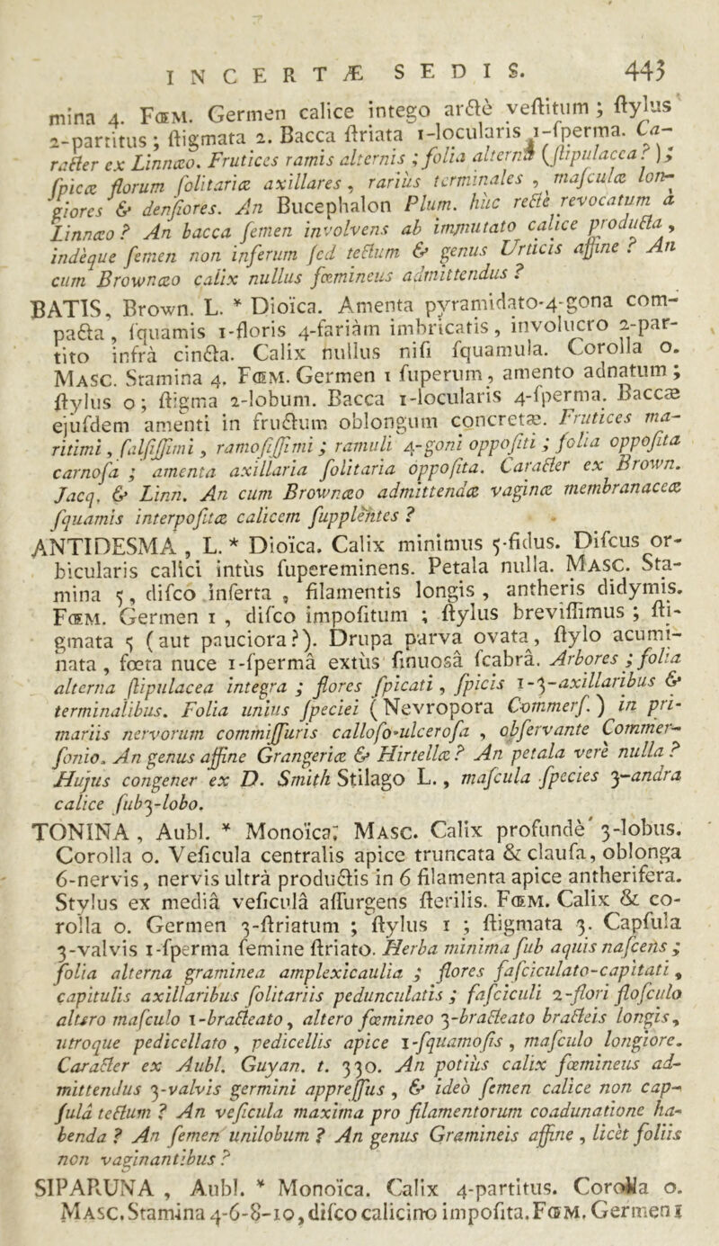 mina 4. F®m. Germen calice intego arae yeftitiim ; ftylus i-panitus ; ftigmata 2. Bacca flriata .-loculans i-fperma. Ca- r^Her ex Llnnceo. Frutices ramis alternis ; folia aLtcrnrk \jlipiilacca. fvicce florum folitaricz axillares, rarius terminales ^ mafcui ce Ion- flores & denfiores. An Bucephalon Pium, huc reEle revocatum a Linncco ? An bacca femen involvens ab impmtato cdice pwdiina y indeque femen non inferum fcd tcHum & genus Urticis affine . An cum Brownceo calix nullus fcemincus admittendus ? BATIS, Brown. L. Dioica. Amenta pyramidato*4-gona com- para, fqiiamis i*floris 4-fariam imbricaris, involi^ro 2-par- tito infra cindfa. Calix nullus nifi fquamula. Corolla 0« MaSC. Sramina 4. F(EM. Germen i fiiperum , amento adnatum; 4ylus o; ftigma 2-lobum. Bacca i-iocularis 4-fperma. Baccie ejubdem amenti in fru£l:um oblongum concretae. Frutices ma- ritimi , fallijfimi, ramofijfimi; ramuli A-goni oppofiti ; folia oppofta carnofa ; amenta axillaria folitaria oppofita. Carabler ex Brown. Jacq, & Limi. An cum Brownceo admittendae vagince membranaceiz fquarnis interpofitce calicem fupplehtes ? ANTIDESMA , L. * Dioica. Calix minimus ^-fidus. Difeus or- bicularis calici intiis fiipereminens. Petala nulla. Masc. Sta- mina 5, difeo inferta , filamentis longis, antheris didyniis. F®m. Germen i , difeo impofitum ; ftylus breviffimus ; Iti- gmata 5 (aut pauciora?). Drupa parva ovata, ftylo acumi- nata, fcEta nuce i-fperma extiis finuosa fcabra. Arbores ; folia alterna (lipulacea integra ; flores fpicati ^ fpicis axillaribus & terminalibus. Folia unius jpeciei (Nevropora Commerf.) in pri- mariis nervorum commijfuris callofo’ulcerofa , obfervante Commer- fonio. An genus afline Grangerice & Hirtellce? An petala vere nulla? FLujus congener ex D. Smith StilagO L., mafcula fpecies y~andra calice fubylobo. TONINA , Aubl. ^ Monoica; Masc. Calix profunde' 3-lobus. Corolla o. Veficula centralis apice truncata &claufa, oblonga 6-nervis, nervis ultra produ6Hs in 6 filamenta apice antherifera. Stylus ex media veficula affurgens fterilis. F(em. Calix & co- rolla o. Germen 3-flriatum ; flylus i ; fligmata 3. Capfula 3-valvis I-fperma femine ftriato. Herba minima fub aquis nafeens ; folia alterna graminea amplexicaulia ; flores fafciculato-capitati, capitulis axillaribus folitariis pedunculatis ; fafciciiU i-flori flofcido altsro mafculo \-brableato y altero fcemineo '^-braEieato braEieis longisy utroque pedicellato , pedicellis apice j-fquarnojis , mafculo longiore. CaraEler ex Aubl. Guyan. t. 330. An potius calix foemineus ad- mittendus yvalvis germini appreffus , & ideo femen calice non cap-^ fuld teElum f An veficula maxima pro filamentorum coadunatione ha* benda ? An femen unilobum ? An genus Gramineis affine , licet foliis nen Vaginantibus ? SIPAP^-UNA , Aubl. Monoica. Calix 4-partItus. CoroWa o. Masc. Stamina 4-6-8-10, difeo calicino impofita.FcffM, Germen j