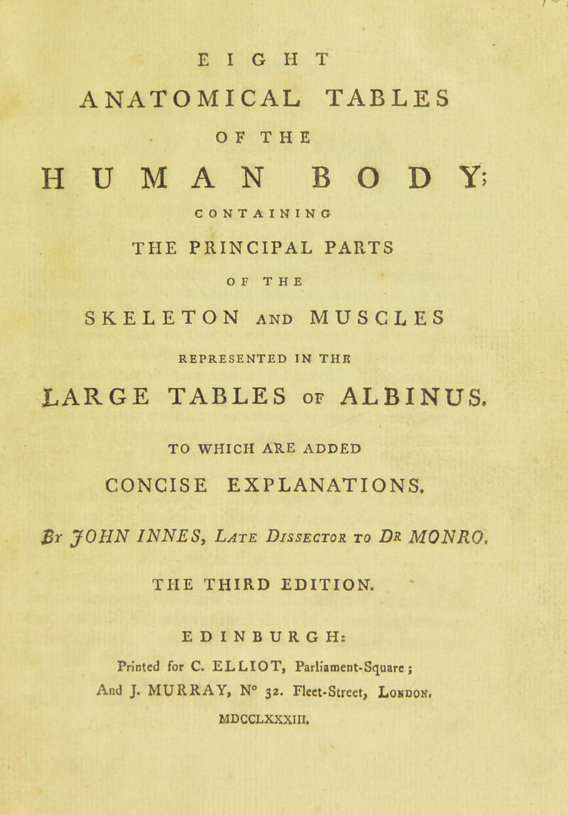 EIGHT ANATOMICAL TABLES O F T H E HUMAN BODY; CONTAINING THE PRINCIPAL PARTS OF THE SKELETON and MUSCLES REPRESENTED IN THE LARGE TABLES of ALBINUS. TO WHICH ARE ADDED CONCISE EXPLANATIONS. Br JOHN INNES, Late Dissector to Dr MONRO. THE THIRD EDITION. EDINBURGH: Printed for C. ELLIOT, Parliament*Square; And J. MURRAY, N® 32. Fleet-Street, London. MDCCLXXXIII.