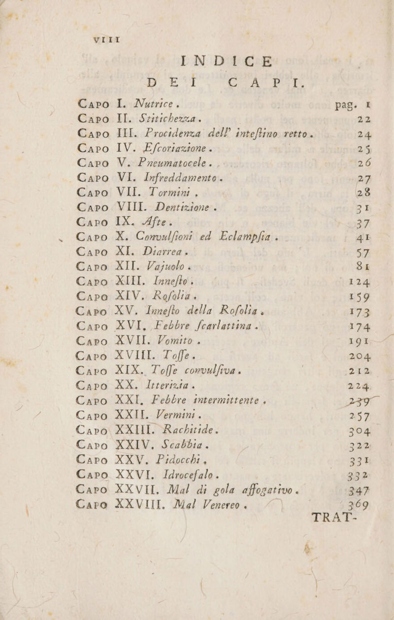 Capo Capo Capo Capo Capo Capo Capo Capo Capo Capo Capo Caro Caro Capo Capo Caro Caro Capo Caro Capo Capo Capo Caro Caro Capo Capo Capo Caro INDICE DEI Can presi I. Nutrice. II. Stitichezza. III. Procidenza dell’ inteffino retto. IV. E/cortazione . V. Pneumatocele. . VI. Infreddamento. VII. Tormini . VIII. Dertizione . IX. Afte. X. Convulfioni ed Eclampfia . XI. Diarrea. XII. Vajuolo : XIII. Innefto . XIV, Rofolia. XV, Innefto della Rofolia . XVI, Febbre fearlattina . XVII. Vomito , XVIII. Tofe. XIX. Toffe convulfiva . XX. Itterizia . XXI. Febbre intermittente . XXIL. Vermini . XXIII. Rachitide. XXIV, Scabbia. XXV. Pidocchi, XXVI. Idrocefalo . XXVII, Mal di gola affogativo. XXVIII, Mal Venereo. 7