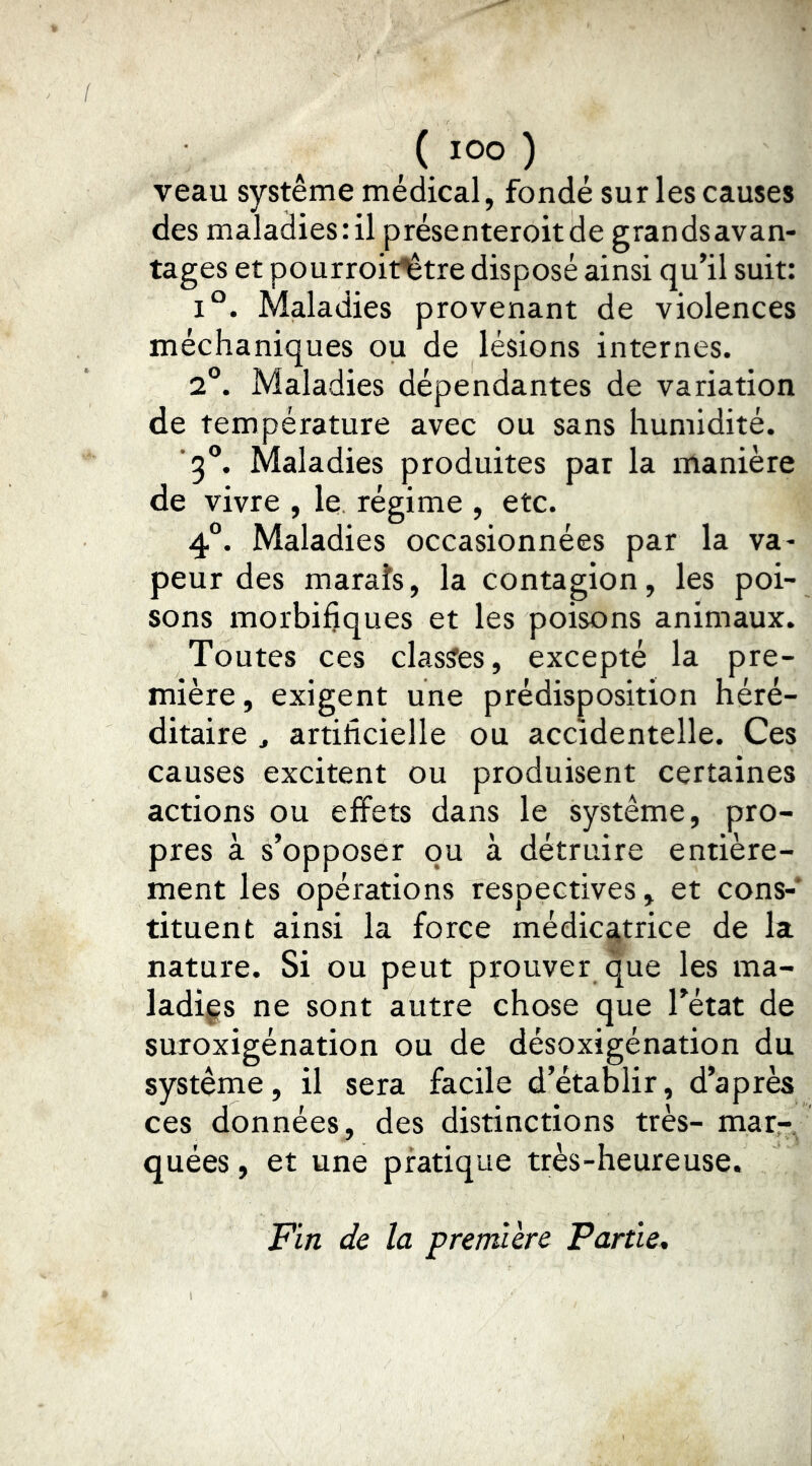 veau système médical, fondé sur les causes des maladies: il présenteroitde grands avan- tages et pourroit^tre disposé ainsi qu’il suit: 1°. Maladies provenant de violences méchaniques ou de lésions internes. 2°. Maladies dépendantes de variation de température avec ou sans humidité. ■3®. Maladies produites par la manière de vivre , le régime , etc. 4°. Maladies occasionnées par la va- peur des marais, la contagion, les poi- sons morbifiques et les poisons animaux. Toutes ces classes, excepté la pre- mière, exigent une prédisposition héré- ditaire , artificielle ou accidentelle. Ces causes excitent ou produisent certaines actions ou effets dans le système, pro- pres à s’opposer ou à détruire entière- ment les opérations respectives, et cons-‘ tituent ainsi la force médicatrice de la nature. Si ou peut prouver que les ma- ladies ne sont autre chose que l’état de suroxigénation ou de désoxigénation du système, il sera facile d’établir, d’après ces données, des distinctions très- mar- quées , et une pratique très-heureuse. Fin de la première Partie.