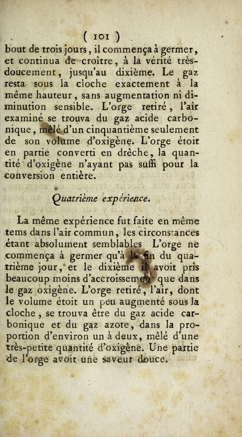 ( lOI ) bout de trois jours, il commença à germer , et continua de-croître, à la vérité très- doucement , jusqu’au dixième. Le gaz resta sous la cloche exactement à la même hauteur, sans augmentation ni di- minution sensible. L’orge retiré , l’air examiné se trouva du gaz acide carbo- nique , mêlé d’un cinquantième seulement de son volume d’oxigène. L’orge étoit en partie converti en drêche, la quan- tité d’oxigène n’ayant pas suâfi pour la conversion entière. {Quatrième expérience, La même expérience fut faite en même tems dans l’air commun, les circonstances étant absolument semblables L’orge ne commença à germer qu’à||^^ du qua- trième jour, et le dixième Ifeavoit pris beaucoup moins d’accroissenî||pque dans le gaz oxigène. L’orge retiré, l’air, dont le volume étoit un peu augmenté sous la cloche , se trouva être du gaz acide car- bonique et du gaz azote, dans la pro- portion d’environ un à deux, mêlé d’une très-petite quantité d’bxigènë. Une partie de l’orge aVdit une saveur douce.