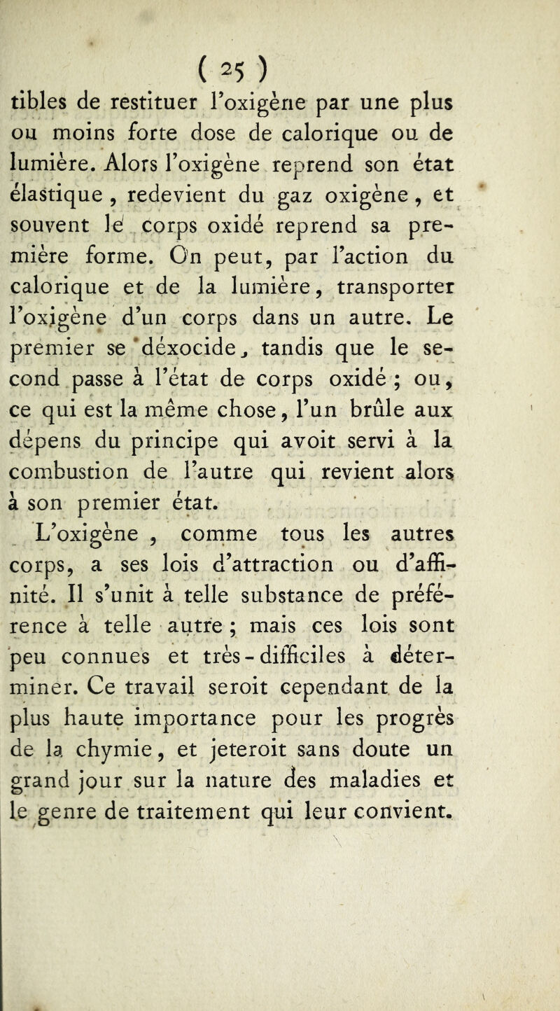 tibles de restituer Toxigèrie par une plus ou moins forte dose de calorique ou de lumière. Alors l’oxigène reprend son état élastique , redevient du gaz oxigène, et souvent lé corps oxidé reprend sa pre- mière forme. On peut, par l’action du calorique et de la lumière, transporter l’oxjgène d’un corps dans un autre. Le premier se'déxocide^ tandis que le se- cond passe à l’état de corps oxidé ; ou, ce qui est la même chose, l’un brûle aux dépens du principe qui avoir servi à la combustion de l’autre qui revient alors à son premier état. L’oxigène , comme tous les autres corps, a ses lois d’attraction ou d’affi- nité. Il s’unit à telle substance de préfé- rence à telle autre ; mais ces lois sont peu connues et très-difficiles à déter- miner. Ce travail seroit cependant de la plus haute importance pour les progrès de la chymie, et jeteroit sans doute un grand jour sur la nature des maladies et le genre de traitement qui leur convient.