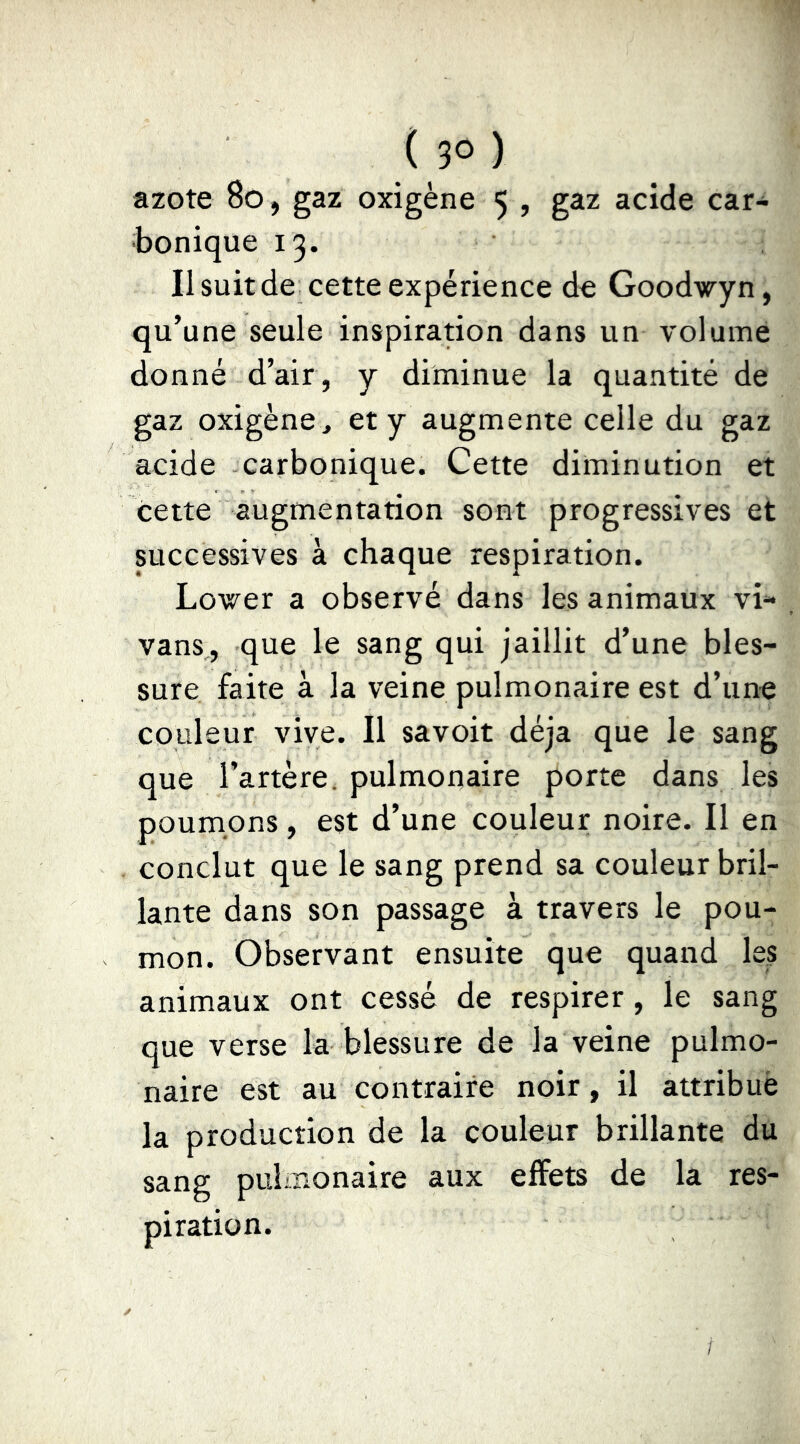 ( 3° ) â20te 8o, gaz oxigène 5 , gaz acide car- tonique 13. Il suit de cette expérience de Goodwyn, qu’une seule inspiration dans un volume donné d’air, y diminue la quantité de gaz oxigène, et y augmente celle du gaz acide carbonique. Cette diminution et cette augmentation sont progressives et successives à chaque respiration. Lower a observé dans les animaux vi- , vans, que le sang qui jaillit d’une bles- sure faite à la veine pulmonaire est d’une couleur vive. Il savoir déjà que le sang que l’artère, pulmonaire porte dans les poumons, est d’une couleur noire. Il en conclut que le sang prend sa couleur bril- lante dans son passage à travers le pou- mon. Observant ensuite que quand les animaux ont cessé de respirer, le sang que verse la blessure de la veine pulmo- naire est au contraire noir, il attribué la production de la couleur brillante du sang pulmonaire aux eifets de la res- piration.