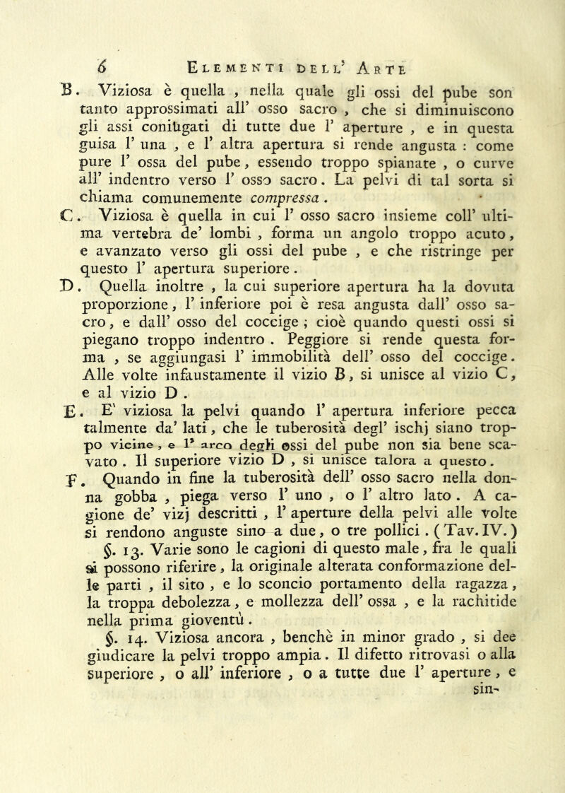 B. Viziosa è quella , nella quale gli ossi del pube son tanto approssimati all’ osso sacro > che si diminuiscono gli assi coniugati di tutte due V aperture , e in questa guisa r una , e V altra apertura si rende angusta ; come pure r ossa del pube, essendo troppo spianate , o curve air indentro verso T osso sacro. La pelvi di tal sorta si chiama comunemente compressa. C. Viziosa è quella in cui F osso sacro insieme coll’ ulti- ma vertebra de’ lombi , forma un angolo troppo acuto, e avanzato verso gli ossi del pube , e che ristringe per questo F apertura superiore. D. Quella inoltre , la cui superiore apertura ha la dovuta proporzione, F inferiore poi è resa angusta dall’ osso sa- cro , e dall’ osso del coccige ; cioè quando questi ossi si piegano troppo indentro . Peggiore si rende questa for- ma , se aggiungasi F immobilità dell’ osso del coccige. Alle volte infaustamente il vizio B, si unisce al vizio C, e al vizio D . E. E' viziosa la pelvi quando F apertura inferiore pecca talmente da’ lati, che le tuberosità degl’ ischj siano trop- po vicine, e l* arco degli ossi del pube non sia bene sca- vato . Il superiore vizio D , si unisce talora a questo. E. Quando in fine la tuberosità dell’ osso sacro nella don- na gobba , piega verso F uno , o F altro lato . A ca- gione de’ vizj descritti , F aperture della pelvi alle volte si rendono anguste sino a due, o tre pollici. (Tav.IV.) §. 13. Varie sono le cagioni di questo male, fra le quali si possono riferire, la originale alterata conformazione del- le parti , il sito , e lo sconcio portamento della ragazza, la troppa debolezza, e mollezza dell’ ossa , e la rachitide nella prima gioventù. §. 14. Viziosa ancora , benché in minor grado , si dee giudicare la pelvi troppo ampia. Il difetto ritrovasi o alla superiore , o alF inferiore , o a tutte due F aperture, e sin-