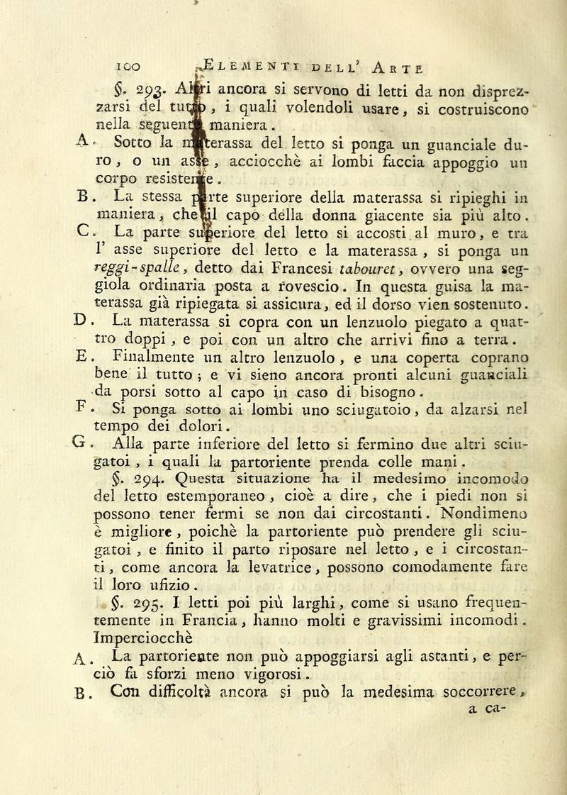 §• 293. ancora si servono di letti da non disprez^ zarsi del , i quali volendoli usare, si costruiscono nella Sè.guenA maniera. A. Sotto la nmerassa del letto si ponga un guanciale du- ro , o un as*|, acciocché ai lombi faccia appoggio un corpo resisterle. B. La stessa jSrte superiore delia materassa si ripieghi in manieracapo della donna giacente sia più alto. C. La parte superiore del letto si accosti al muro, e tra r asse superiore del letto e la materassa , si ponga un reggi-spalle, detto dai Francesi tabouret, ovvero una seg- giola ordinaria posta a rovescio. In questa guisa la ma- terassa già ripiegata si assicura, ed il dorso vien sostenuto. D. La materassa si copra con un lenzuolo piegato a quat- tro doppi, e poi con un altro che arrivi fino a terra. E. Finalmente un altro lenzuolo , e una coperta coprano bene il tutto ; e vi sieno ancora pronti alcuni guanciali da porsi sotto al capo in caso di bisogno. F. Si ponga sotto ai lombi uno sciugatoio, da alzarsi nel tempo dei dolori. G. Alla parte inferiore del Ietto si fermino due altri sciii- gatoi , i quali la partoriente prenda colle mani. §. 294. Questa situazione ha il medesimo incomodo del letto estemporaneo , cioè a dire, che i piedi non si possono tener fermi se non dai circostanti. Nondimeno è migliore , poiché la partoriente può prendere gli sciu- gatoi 5 e finito il parto riposare nel letto , e i circostan- ti , come ancora la levatrice > possono comodamente fare il loro ufizio. §. 295. I letti poi più larghi, come si usano frequen- temente in Francia, hanno molti e gravissimi incomodi. Imperciocché 4. La partoriente non può appoggiarsi agli astanti, e per- ciò fa sforzi meno vigorosi. B. Con difficoltà ancora si può la medesima soccorrere, a ca-