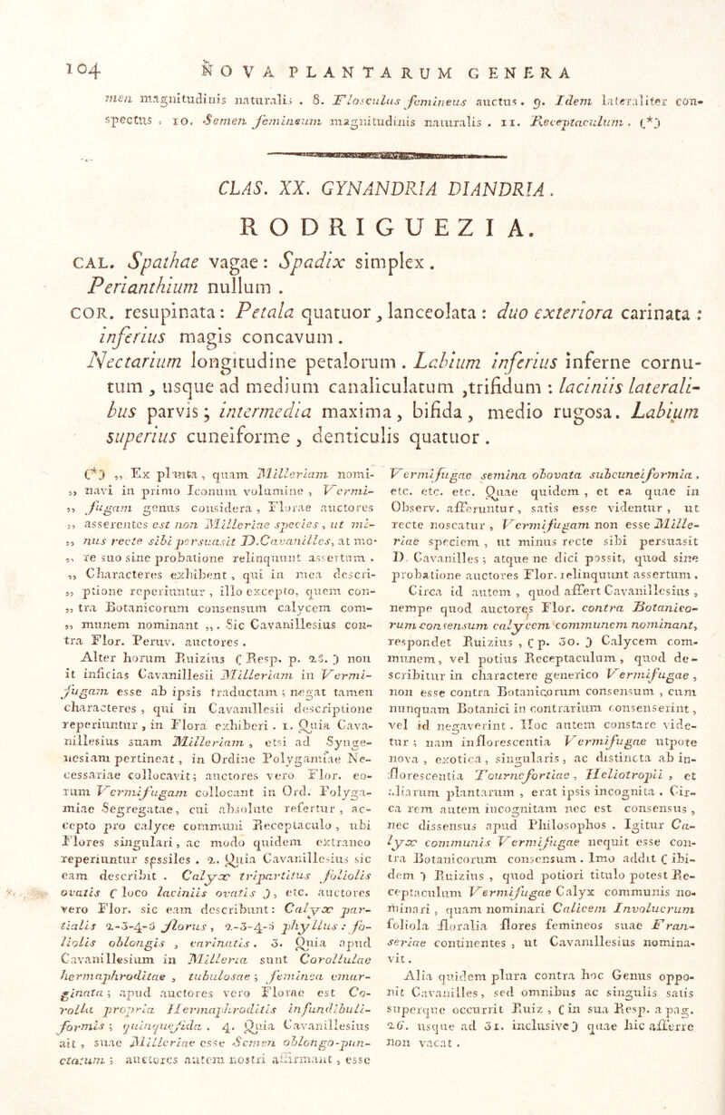 men ningiiituclinis natiiralii . 8. Floiculus femineas avictu?. Idem con- spectus P IO. Semen jemiaeum magnitudinis namralis . ii. ^ecejytaciduni. CLAS. XX. GYNANDRIA DIANDRIA . RODRIGUEZIA. CAL. Spathae vagae : Spadix simplex . Perianthium nullum . COR, resupinata: quatuor, lanceolata : duo exteriora cznmtz inferius magis concavum. Nectariam longitudine petalorum . Labium inferius inferne cornu- tum , usque ad medium canaliculatum ,trifidum ; laciniis laterali- bus parvis; intermedia maxima, bifida, medio rugosa. Labium superius cuneiforme , denticulis quatuor , ,, Ex planta , quam JMlllerlam nomi- 2, navi in primo Iconum volumine, Vermi- 52 fugam genus considera , Florae auctores 20 asserentes est non iMllleriae sjiecles, ut ml- 22 nas recte slhl persuasit U.Cavanllles, at mc* o’) xe 3110 sine probatione relinquunt assertam . 22 Cliaracteres exhibent , qui iii mea descri- 52 ptione reperiuntur , illo excepito, quem con- 22 tra Botanicorum consensum calycem com- 52 munem nominant ,,. Sic Cavanillesius con- tra Flor. Peruv. auctores . Alter horum Kuizius C Respi. p. ‘iS. ) non it inficias Cavaniliesii jMlLleriarn in Vermi- fiigam esse ab ipsis traductam ; negat tamen characteres , qui in Cavaniliesii descripitione reperiuntur , in Flora exhiberi . i. Cava- niiiesius suam JMlllerlani , etsi ad Syiige- nesiam pertineat, in Ordine Polygamrae Ne- cessariae collocavit; auctores vero Flor, eo- Tiim Vermifugam collocant in Ord. Foiyga- miae -Segregatae, cui absolute refertur, ac- cepto pro calyce comimini Receptaculo , ubi Flores sijigiilari, ac modo quidem extraneo reperiuntur spssilcs . a. js^uia Cavanillesius sic eam describit . CaLyac trf artitus foliolis ovatis p loco laciniis ovatis J), etc. auctores vero Flor, sic eam describunt: Calsyoc jjar- tialls diflorus ^ jliy Ilus : fo- liolis ohlongls , carinatis. 3. ^}tia apud Cavanillesiiim in IMlUeria sunt Corollulao liermajihroditae , tubulosae ; feminea cmar- glnata; apud auctores vero Florae est Co- rolla- Jiroprla LlermajJirodltls Infundlbull- farmis ; (julncpueflda . 4. |^nia Cavanillesius ait 7 suae JMllLcrlae esse Scmeti oblongo-jmn- aiiecorcs aiitcra nostri atiirinaiit , esse Ve rjnlfugae semina ohovata subcuneiformia, etc. etc. etc. ^Quae quidem , et ea quae in Observ. alTeruiitur, satis esso videntur , ut recte noscatur , Vermi fugam non esse jyLllle- rlae speciem , ut minus recte sibi persuasit D. Cavanilles ; atque ne dici possit, quod sine probatione auctores Flor. lelinqnunt assertum. Circa id autem , quod affert Ca,vanillcsiiis , nempe quod auctores Flor, contra Hotanlco- rumconsensum calycem communem nominant-^ respondet Ruizius , C P* «50. J Calycem com- munem, vel piotius Receptaculum 2 quod de- scribitur in charactere generico Vermifugae , non esse contra Botanicorum consensum , cum nunquam Botanici in contrarium consenserint, vel id negaverint . Hoc autem constare vide- tur ; nam inflorescentia Vermifugae utpote nova , exotica, siii<2;ulari5, ac distincta ab in- Rorescentia 17ourticfortlae , TZellotrojili , et aliarum pilantariim , erat ipsis incognita . Cir- ca rem autem iucoornitam nec est consensus , nec dissensus apud Philosopihos . Igitur Ca- ^yoo communis Vermifugae nequit esse con- tra Botanicorum consensum . Imo addit C ibi- dem 1 Ruizius , quod potiori titulo potest Re- ceptaculum Vermifugae Calyx communis no- minari , quam nominari Calicem Involucrum foiiola floralia flores femineos suae 17ran- seriae continentes , ut Cavanillesius nomina- vit . Alia quidem plura contra hoc Genus oppo- uit Cavanilles, sed oinnihus ac singulis salis snperque occurrit Riiiz , C iu sua Resp. a pag. 2.cr. usque ad 01. incliisivcD quae hic afferre non vac.it . ctaium l