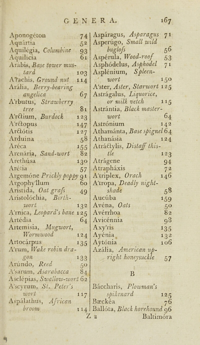 Aponogeton 74 A quart ia 52 Aquilegia, Columbine 93 Aquilicia 61 Arab is, Base tower mus- tard 103 ATachis, Ground nut 114 A r ali a, Be rry - bearing angelica 6 7 A'rbutus, Strawberry tree 81 A'r6tium, Burdock 123 A'r£fcopus 147 Arftotis 127 Arduina 58 Areca 155 Arenaria, Sand-wort 82 Arethusa 130 Arc da 57 Argemone Prickly poppy 91 Argophy'llum 60 Aristida, Oat grafs 49 Aristolochia, Birth- wort 132 Arnica, Leopard's bane 125 Artedia 64 Artemisia, Mugwort, Wormwood 124 Artocarpus 135 Arum, Wake robin dra- e Son 133 Arundo, Reed 50 A'sarum, Asarabacca 84 Asclepias, Swallow-wort 62 A'scyrum, St. Peter’s wort 117 Aspalathus, African br oo7n 114 Z Asparagus, Asparagus 71 Asperugo, Small wild buglofs 56 Asperula, Wood-roof 53 Asphodelus, Asphodel 7 1 Asplenium, Spleen- wort 15° Aster, Aster, Starwort 125 Astragalus, Liquorice, or milk vetch 115 Astrantia, Black master- wort 64 Astronium 142 Athamanta, Base spignel 64 Athanasia 124 Atra6lylis, Distaff this- tle 123 Atragene 94 Atraphaxis 72 A'triplex, Orach 146 A'tropa, Deadly night- shade 58 Aucuba 159 A vena, Oats 50 Averrhoa 82 Avicennia 98 Axy'ris 135 Ayenia 132 Aytonia 106 Azalia, American up- right honeysuckle 57 B Baccharis, Plowmans spikenard 125 Bseckea 76 Ballota, Black horehound 96 2 Baltimora