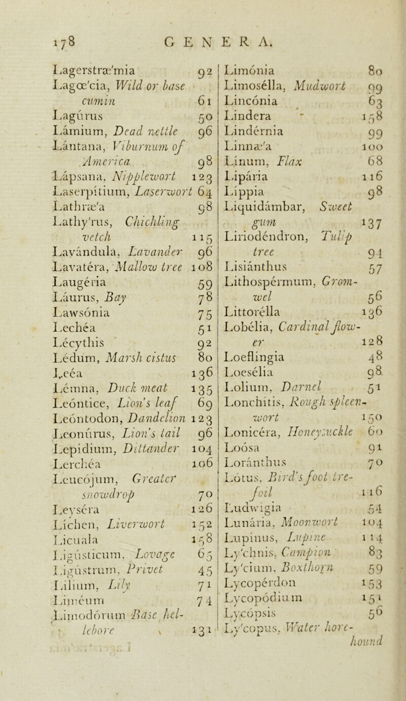 Lagerstrse'mia 92 Lagoe'cia, Wild or base cumin 61 Lagurus 50 Lamium, Dead nettle 96 Lantana, Viburnum of America 98 Lapsana, Nipplewort 123 Laserpitium, Laserwort 64 Lathrae'a 98 Lathy'rus, Chi chUng vetch 115 Lavandula, Lav under 96 LavaterapMallow tree 108 Laugeria 59 Laurus, Bay 78 Lawsonia 75 Lechea 51 Lecythis 92 Ledum, Marsh cistus 80 Leea 136 Ii m na. Duck meat 135 Leontice, Lion s leaf 69 Leontodon, Dandelion 123 ■Leonurus, Lion s tail 96 Lepidium, Dittander 104 Lerchea 106 Leueojum, Greater snowdrop 70 Ley sera 126 Lichen, Liverwort Lieu ala Ligusticum, Lovage 65 Ligustrum, Privet 45 Liliuin, L/A 71 Limeutri 74 Limodorum j8#5£ Atf/- lebore \ 131 1 r,2 Ifl8 56 Limonia 80 Limosella, Mudwort 99 Linconia 63 Lindera * 158 Lindernia 99 Linnae'a 100 Linum, Flax 68 Liparia 116 Lippia 98 Liquidambar, Sweet gum 137 Liriodendron, Tulip tree 94 Li si an thus 57 Lithospermum, Grom- wel Littorella 136 Lobelia, Cardinal flow- er 128 Loeflingia 48 Loeselia q8 w' Lolium, Darnel 51 Lonchitis, Rough spleen- wort 15° Lonicera, Honeysuckle 60 Loosa 91 Loranth us Lotus, Bird’s foot tre- foil li 6 j Ludwigia 54 Lunaria, Mo on wort 104 Lupinus, Lupine 1 14 Ly'chnis, Campion 83 Ly'cium, Boxthorn 59 Lycoperdon 153 Lycopodium Lycopsis 70 151 5D Ly'copus, hound