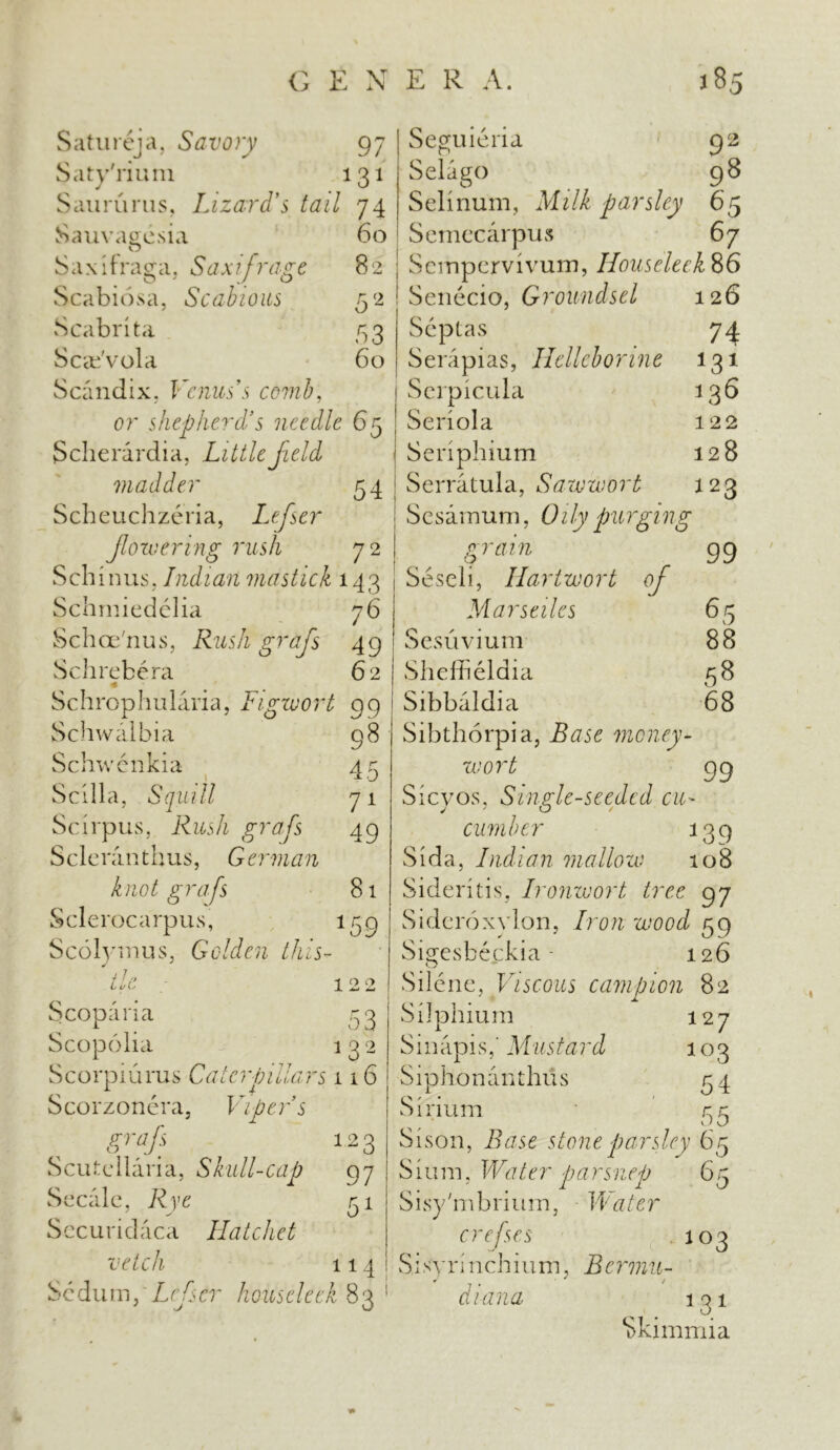 Satureja, Savory 97 Saty'rium 131 Sauna ms, Lizard's tail 74 Sauvagcsia 60 S a x i frag a, Sax if rage 8 2 Scabiosa, Scabious 52 Scabrita 5 3 Scec'vola 60 Scandix, Venus’s comb, or shepherd’s needle 65 Scherardia, Littlefield madder 54 Scheuchzeria, Lefser flowering rush 72 Sch inus, Indian via stick 143 Schmiedelia 76 Schoe'nus, Rush grafs 49 Schrebera 62 Schrophularia, Figwort 99 Schwalbia 98 Schwenkia 45 Scilla, Squill 71 Scirpus, grafs 49 S c le ra n t hus, G erm a n knot grafs 81 Sclerocarpus, 159 Scolymus, Golden this- tie 122 Scoparia 53 Scopolia 1 3 2 Scorpiurus Caterpillars 116 Scorzonera, Viper s grafi 123 Scutellaria, Skull-cap 97 Secalc, Rye Sccuridaca Hatchet vetch 114 Scdum, Lefser houseleek 83 51 Seeaiieria '6 92 Selago 98 Selinum, Milk parsley 65 Semecarpus 67 Scmpervivum, Houseleek 86 Senecio, Groundsel 126 Septas 74 Serapias, Hcllcborine 131 Serpicula 136 Seriola 122 Seriphium 128 Serratula, Sawwort 123 Sesamum, Oily purging grain 99 Seseli, Ilartwort of Mar sales 65 Sesuvium 88 Sheffieldia 58 Sibbaldia 68 Sibthorpia, Base money- wort 99 Sicyos, Single-seeded cu- cumber 139 Si da, Indian mallow 108 Sideritis, Ironwort tree 97 Sideroxylon, Iron wood 59 Sigesbeckia - 126 Silene, Viscous campion 82 Silphium 127 S i 11 api s,' Mus ta rd 103 Siphonanthus 54 Si Hum 99 Sison, Base stone parsley 65 Slum, Wa t e r p a rs n ep 6 5 Sisy'mbrium, Water crefses 103 Sisyri nchium, Bermu- da ana 13} Skimmia
