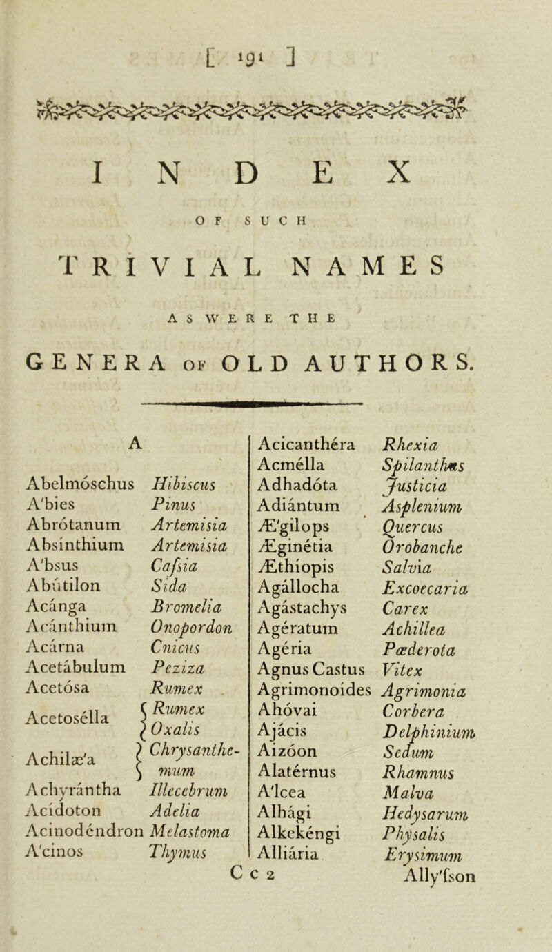 [ w ] I OF SUCH ■ , i TRIVIAL NAMES A S W E R E THE GENERA of OLD AUTHORS. A Abelmoschus Hibiscus A'bies Pinus Abrotanum Artemisia Absinthium Artemisia A'bsus Cafsia Abutilon Sid a Acanga Bromelia Acanthium Onopordon Aearna Cnicus Acetabulum Peziza Acetosa Rumex Acetosella ( Rumex ) Oxalis Achilae'a i ’ Chrysanthc- , mum Acliyrantha Illece brum Acidoton Adelia Acinodcndron Melastoma A'cinos Thymus Acicanthera Rhexia Acmella Spilantfms Adhadota justicia Adiantum Asplenium AL'gilops Quercus /Eginetia Orobanche vEthiopis Salvia Agallocha Excoecaria Agastachys Carex Ageratum Achillea Ageria Pccdcrota Agnus Castus Vitex Agrirnonoides Agrimonia Ahovai Corbera Ajacis Delphinium Aizoon Sedum Alaternus Rhamnus A'lcea Malva Alhagi Hedysarum Alkekengi Physalis Alliaria Erysimum c 2 Ally'fson
