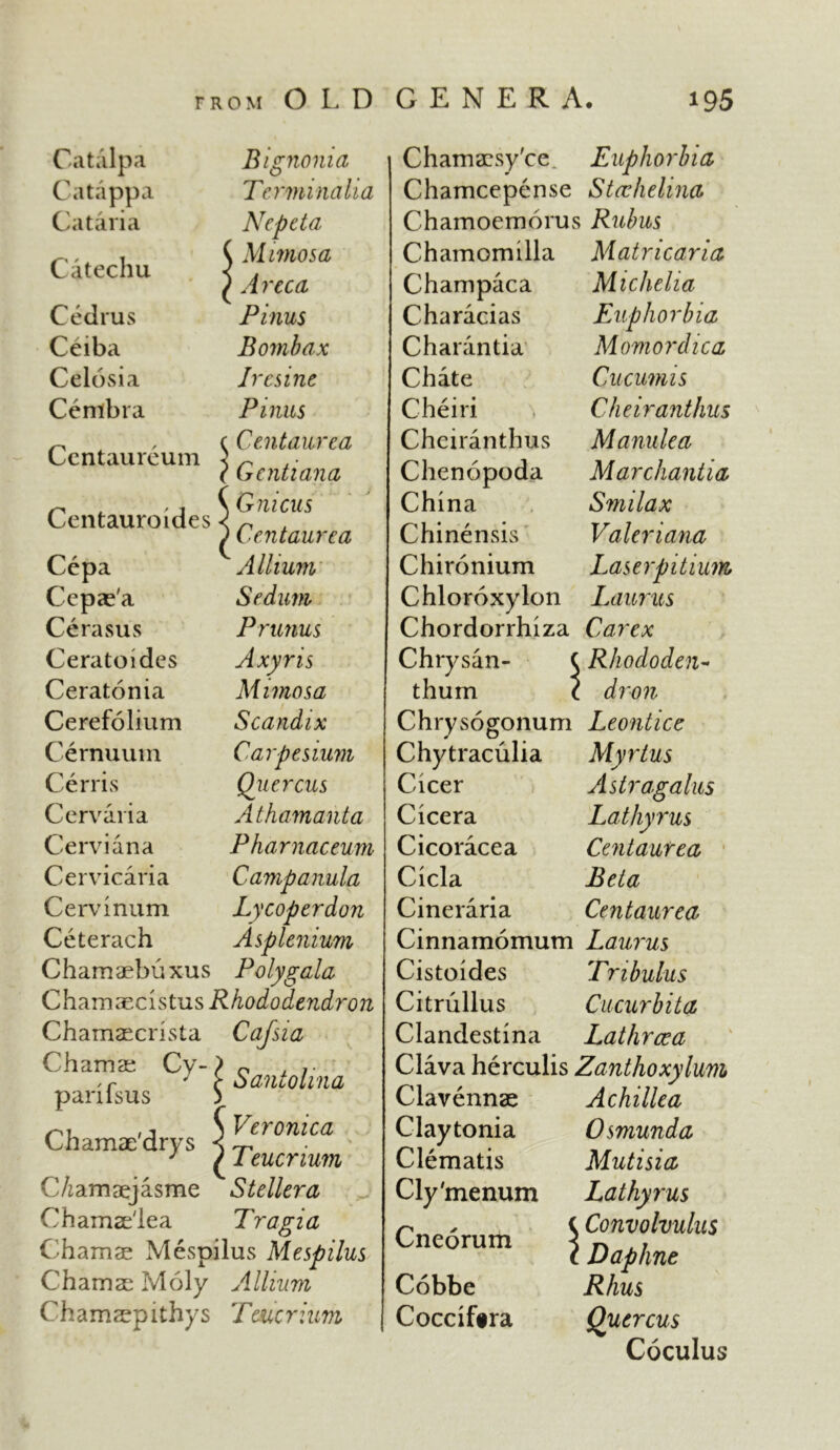 Cat alp a Catappa Cataria Catechu Cedrus Ceiba Celosia Cenibra Centaureum Centauroides Cepa Cepce'a Cerasus Ceratoides Ceratonia Cerefolium Cernuum Cerris Cervaria Cerviana Cervicaria Cervinum Ceterach Chamaebuxus Polygala Chamaecistus Rhododendron Chamascrista Cafsia Chamse Cy- parifsus Bignonia Termmalia Nepeta { Mimosa ^ Artea Pinus Bombax I resine Pinus c Centaurea ( Gentiana Gnicus Centaurea Allium Sedum Prunus Axyris Mimosa Scandix Carpesium Quercus Athamanta Pharnaceum Campanula Lycoperdon Asplenium Santolma Chamae'drys C/zamaejasme Chamae'lea Veronica Teucrium S teller a Tragia Chamae Mespilus Mespilus Chamae Moly Allium Chamaepithys Teucrium Chamaesy'ce Euphorbia Chamcepense Stechelina Chamoemorus Rubus Chamomilla Matricaria Champaca Micheha Characias Euphorbia Charantia Momordica Chate Cucumis Cheiri Cheiranthus Cheiranthus Manuka Chenopoda Marchantia China Smilax Chinensis Valeriana Chironium Laserpitium Chloroxylon Laurus Chordorrhiza Car ex Chrysan- { \ Rhododen~ thum ( \ dr on Chrysogonum Leontice Chytraculia Myrtus Cheer Astragalus Cicera Lathyrus Cicoracea Centaurea Cicla Beta Cineraria Centaurea Cinnamomum Laurus Cistoides Tnbulus Citrullus Cucurbit a Clandestina Lathrcea Clava herculis Zanthoxylum Clavennae Achillea Claytonia Osmunda Clematis Mutisia Cly'menum Lathyrus Cneorum ^ (Convolvulus 1 Daphne Cobbe Rhus Cocciftra Quercus Coculus