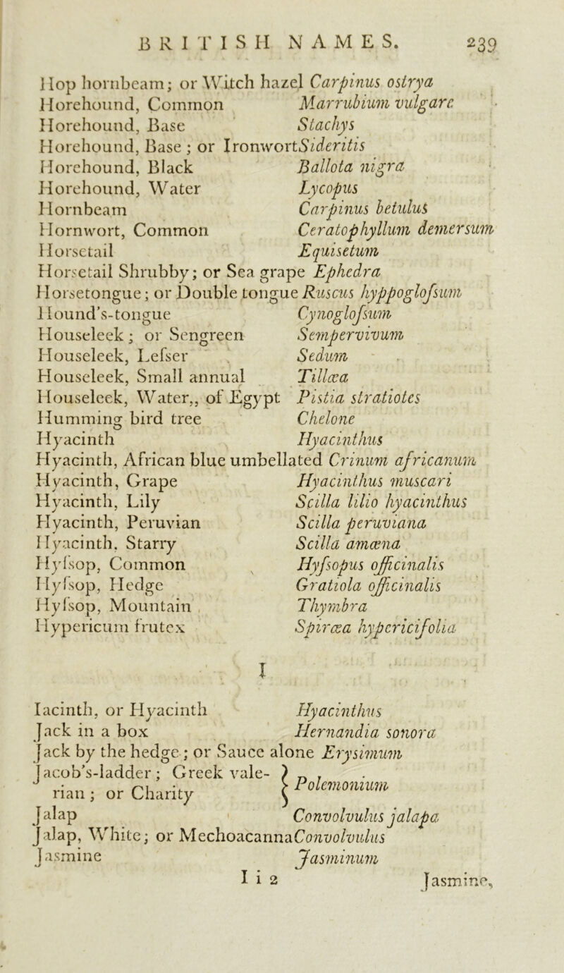 Hop hornbeam; or Witch hazel Carpinus ostrya Horehound, Common Marrubium vulgar c. Horehound, Base S tacky s Horehound, Base ; or IronwortSideritis Horehound, Black Ballota nigra Horehound, Water Lycopus Hornbeam Carpinus betuluS Hornwort, Common C er atop hy Hum denier sum Horsetail Equisetum Horsetail Shrubby; or Sea grape Ephedra Horsetongue; or Double Longue Ruscus hyppoglofsum 1 Iound’s-tongue Cynoglofsum Houseleek ; or Sengreen Sempervivum Houseleek, Lefser Sedum Houseleek, Small annual Tillcea Houseleek, Water,, of Egypt Pistia stratiotes Humming bird tree Chelone O Hyacinth Hyacinthus Hyacinth, African blue umbellated Crinum africanum Hyacinth, Grape Hyacinth, Lily Hyacinth, Peruvian Hyacinth, Starry Hyfsop, Common I ly fsop, Hedge Hylsop, Mountain Hypericum frutcx Hyacinthus muscari Scilia lilio hyacinthus Scilia peruviana Scilia amcena Hyfsopus officinalis Gratiola officinalis Thy mb r a Spiraea hypcricifolia I Hyacinthus Hernandia sonora Iacinth, or Hyacinth ack in a box Jack by the hedge ; or Sauce alone Erysimum acob’s-ladder; Greek vale- ) „ . • „ n\ > Polemonium nan ; or Charity K alap Convolvulus jalap a alap, White; or MechoacannaConvolvulus Jasmine Jasminum I i 2 Jasmine,