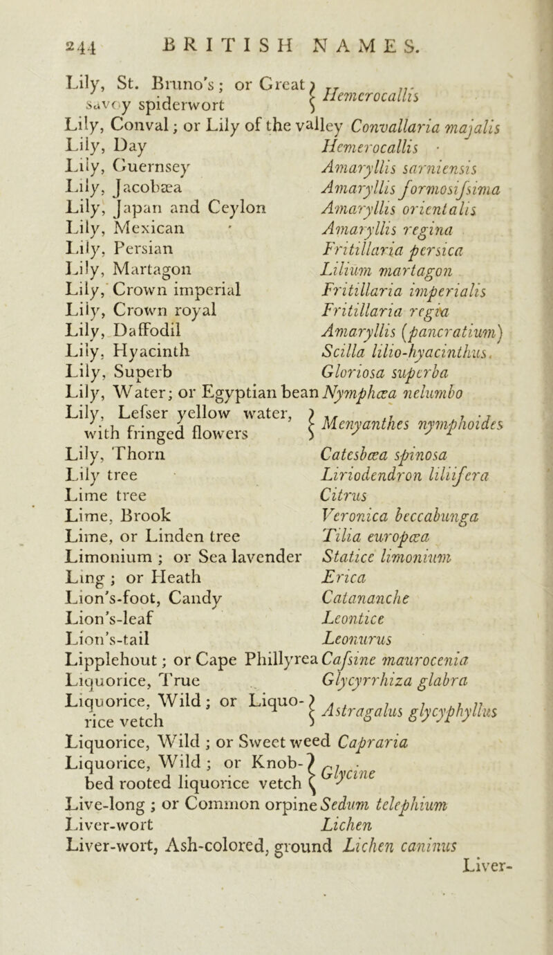 Lily, St. Bruno's: or Great; TT _ savoy spiderwort \ H(mer<>calln Lily, Conval; or Lily of the valley Convallaria majalis Liiy, Daj- Lily, Guernsey -Lily, Lily, av icobsea apan and Ceylon Lily, Mexican Lily, Persian Lily, Martagon Lily, Crown imperial Liiy, Crown royal Lily, Daffodil Lily, Hyacinth Lily, Superb Hemerocallis Amaryllis sarniensis Amaryllis formosifsima Amaryllis orientalis Amaryllis regina Fritillaria persica Lilium martagon Fritillaria imperialis Fritillaria rcgva Amaryllis (pancratium) Scilla lilio-hyacinthus. Gloriosa superb a Lily, Water; or Egyptian bean Nymphcca nelumbo Lily, Lefser yellow water, with fringed flowers Lily, Thorn Lily tree Lime tree Lime, Brook Lime, or Linden tree Limonium ; or Sea lavender Ling ; or Heath Lion's-foot, Candy Lion’s-leaf Lion’s-tail Lipplehout; or Cape Phillyrea Cafsine maurocenia Liquorice, True Glycyrrhiza glabra Liquorice, Wild; or Liquo- > „ , 7 7 77 }lce vetch ^ $ Astragalus glycyphyllus Liquorice, Wild ; or Sweet weed Capraria Liquorice, Wild ; or Knob-7 r, bed rooted liquorice vetch ^ yeinc Live-long ; or Common orpine Sedum telephium Liver-wort Lichen Liver-wort, Ash-colored, ground Lichen caninus Liver- Menyanthes nymphoides Catesbcea spinosa Liriodendron liliifcra Citrus Veronica beccabunga Till a europcea Staticc limonium Erica Catananche Leontice Leonurus