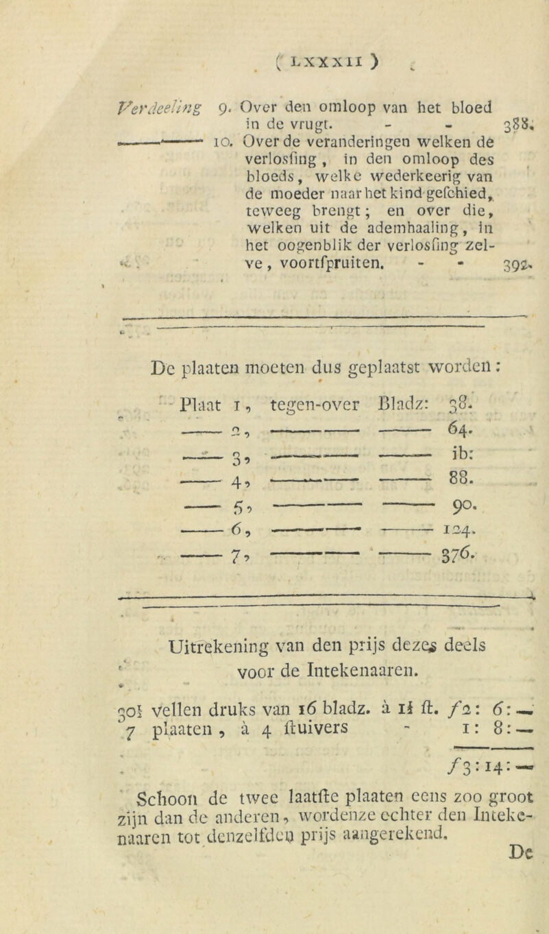 co VerdeeUng 9. Over den omloop van het bloed in de vrugt. - - 38S, * 10. Over de veranderingen welken de verlosfing , in den omloop des bloeds, welke wederkeerig van de moeder naar het kind gefchied, teweeg brengt; en over die, welken uit de ademhaaling, in het oogenblik der verlosfing zel- h . ve, voortfpruiten. - - 392. Dc planten moeten dus geplaatst worden: Plaat i, tegen-over Bladz: 3’ 4-> 7 9 64. ib: 88. 90. 124. 37<5- Uitrekening van den prijs dezes deels voor de Intekenaarcn. Oï vellen druks van 16 bladz. a ii ft. ft2: 6: — 7 planten , a 4 Huivers - 1:8: — 1 /3:i4: — Schoon de twee laatftc planten eens zoo groot zijn dan de anderen, wordenze echter den Inteke- naarcn tot denzelfdcu prijs aangerekend. De