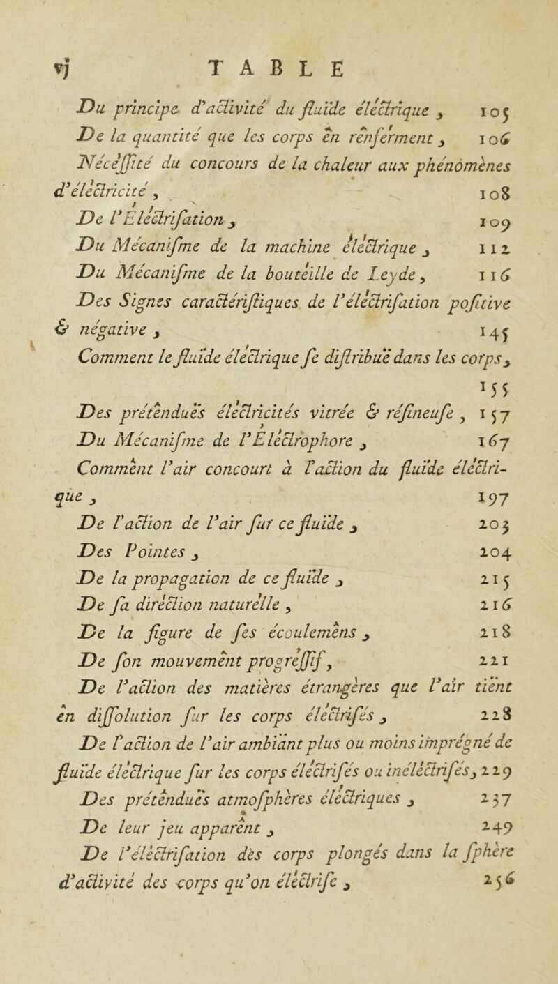 TABLE V Du principe cTactivité du fluïdc électrique , 105 De la quantité que les corps en renferment , io£ JVéceflité du concours de la chaleur aux phénomènes diélectricité, 108 De l'Elèclrifation y 109 Du Mécanifme de la machine électrique , 11 z Du Mécanifme de la bouteille de Leyde, 11 G Des Signes caraclérifliques de Vélèclrifation pofltive & négative y 14^ Comment le fluide électrique fe diflribuè dans les corps , M5 Des prétendues électricités vitrée & réflneufe y 157 Du Mécanifme de VEleclrophore , 167 Comment U air concourt à Taction du fluide éléclri- que, 197 De l'action de l'air fur ce fluide y 203 Des Pointes , 104 De la propagation de ce fluide , 215 De fla direction naturelle , 21G De la figure de fles écoulemèns , 218 De flon mouvement progreflif y 221 De Vaction des matières étrangères que Pair tient en diffolution fur les corps éleclrifés , 228 De faction de Pair ambiant plus ou moins imprégné de fluide électrique fur les corps élèclrifles ou ineléclrifés, 229 Des prétendues atmofphères électriques , 237 De leur jeu apparent , 249 De P élèclrifation des corps plongés dans la fphere <P activité des -corps qu'on élèctrifc , 2 5 e*