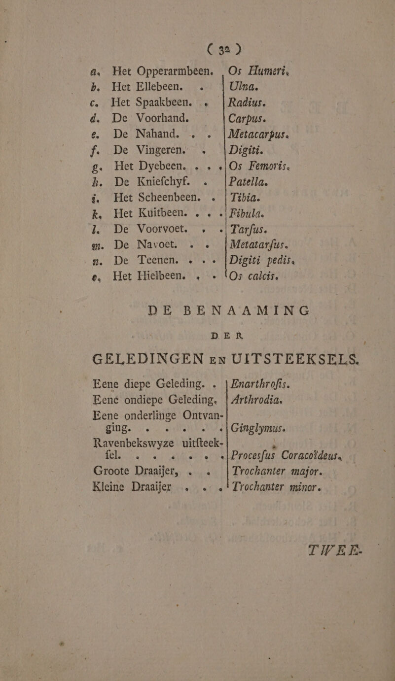 a. Het Opperarmbeen. „Os Humert, b,- Het Ellebeen.-: Ulna. c. Het Spaakbeen. … | Radius. d. De Voorhand. Carpus. e. De Nahand. . . {Metacarpus. f. De Vingeren. … | Digit. g. Het Dyebeen. . . «Os Femoris. bh. De Kniefchyf. . \Patella. j. Het Scheenbeen. . | Tibia. k. Het Kuitbeen. . . … Fibula. J. De Voorvoet. „ | Tarfus. m. De Navoet. . …« {| Metatarfus. ‚ng. De Teenen. « .« \Digiti pedis. e, Het Hielbeen. … « {Os calcis. DE BENAAMING En D ER GELEDINGEN en UITSTEEKSELS, Eene diepe Geleding. . | Enarthrofis. Eene ondiepe Geleding. | Arthrodia. Eene onderlinge Ontvan- Zing. ee … «| Ginglymus. Ravenbekswyze uitfteek- Nl fel. oarder: orverProcesfus. Coracoldens. Groote Draaijer, . … | Trochanter major. Kleine Draaijer … … «*Trochanter minor. Û TWEE.