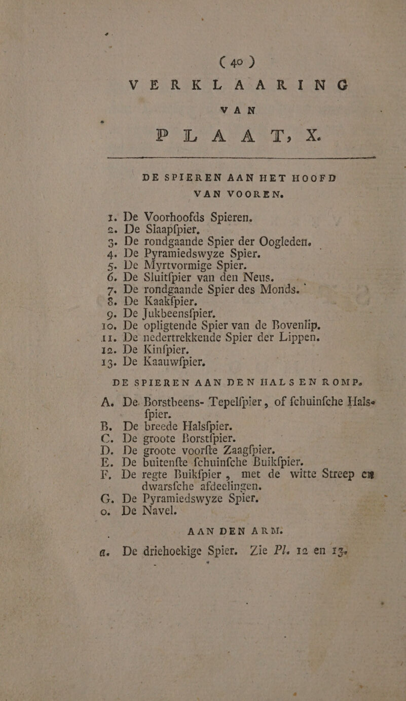 C4o ) VERKLAARIN GG VAN PETA SA s A DE SPIEREN AAN HET HOOFD VAN VOOREN 1. De Voorhoofds Spieren. se. De Slaapfpier. | 3. De rondgaande Spier der Oogleder. 4. De Pyramiedswyze Spier. 5. De Myrtvormige Spier. 6, De Sluitfpier van den Neus. 7. De rondgaande Spier des Monds. 8. De Kaakfpier. g. De Jukbeensfpier. ro, De opligtende Spier van de Bovenlip. ri. De nedertrekkende Spier der Lippen. ia. De Kinfpier, | 13. De Kaauwfpier. DE SPIEREN AAN DEN HALSEN ROMPe A. De. Aureal Tepelfpier , of fchuinfche Halse pier. B. De breede Halsfpier. C. De groote Borstfpier. D. De groote voorfte Zaagfpier, E. De buitenfte fchuinfche Buikfpier. F, De regte Buikfpier , met de witte Streep cn dwarsfche afdeelingen. G. De Pyramiedswyze Spier, o. De Navel. AAN DEN ARM.