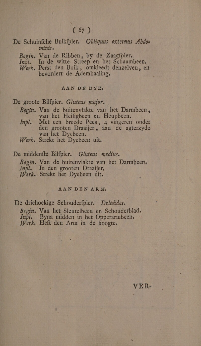 (67) De Schuinfche Buikfpier. Obliguus externus Abdoe minis Begin. Van de Ribben, by de Zaagfpier. Inp). In de witte Streep en het Schaambeens Werk. Perst den Buik, omkleedt denzelven, en bevordert de Ademhaaling. AAN DE DYE: De groote Bilfpier. Gluteus major. Begin. Van de buitenvlakte van het Darmbeen , van het Heiligbeen en Heupbeen. Inpl. Met een breede Pees, 4 vingeren onder den grooten Draaijer, aan de agterzyde van het Dyebeen. Werk. Strekt het Dyebeen uit. De middenfte Bilfpier. Gluteus medius. Begin. Van de buitenvlakte van het Darmbeen, Ínpl. In den grooten Draaijer, Werk. Strekt het Dyebeen uit. AAN DEN ARM, De driehoekige Schouderfpier. Deltoïdes. Begin. Van het Sleutelbeen en Schouderblad. Inpl. Byna midden in het Opperarmbeen, Werk, Heft den Arm in de hoogte. VER