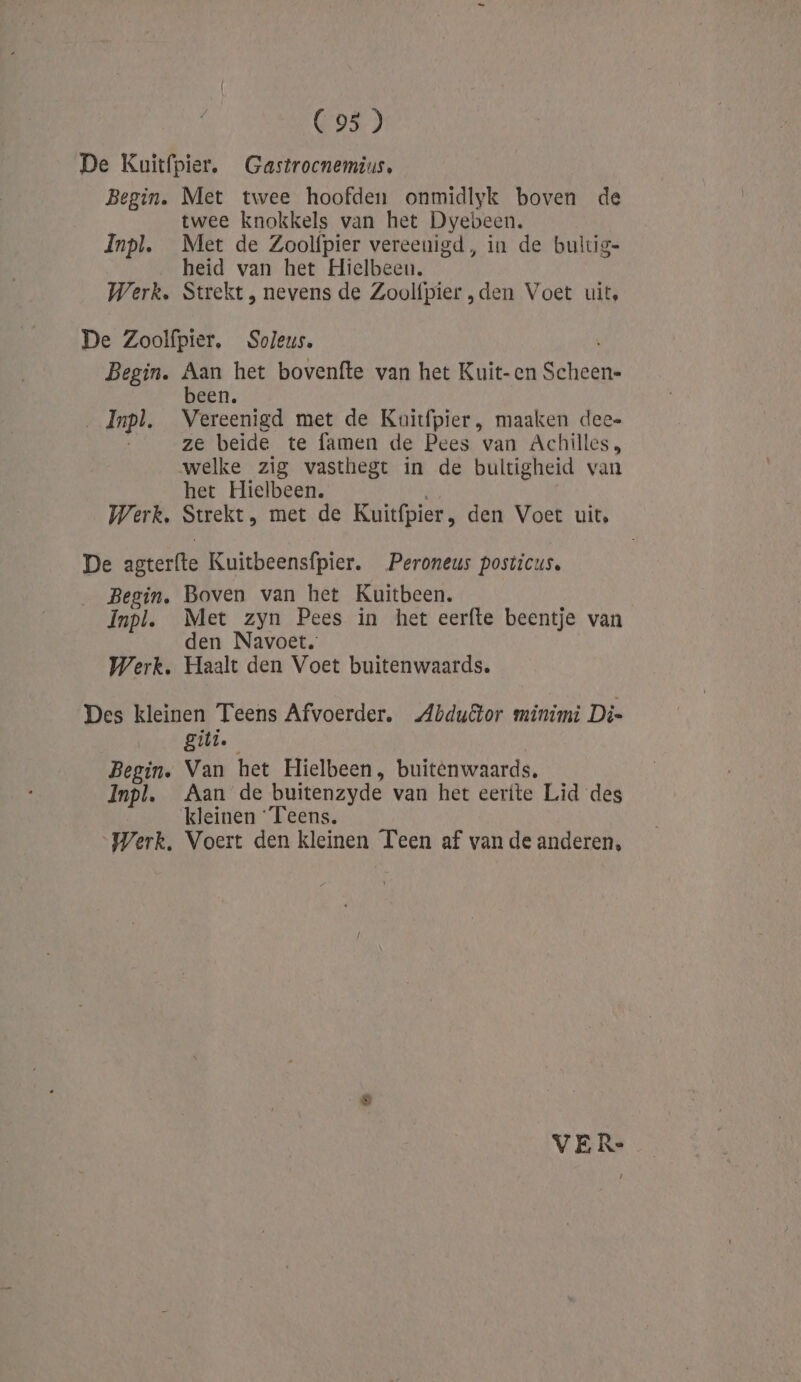 De Kuitfpier. Gastrocnemius, Begin. Met twee hoofden onmidlyk boven de twee knokkels van het Dyebeen. Inpl. Met de Zoolfpier vereenigd, in de bultig= heid van het Hielbeeu. Werk. Strekt , nevens de Zoolfpier ,den Voet uit, De Zoolfpier. Soleus. N Begin. Aan het bovenfte van het Kuit-en Scheen= been. _ Inpl. Vereenigd met de Kuitfpier, maaken dee- ze beide te famen de Pees van Achilles, welke zig vasthegt in de bultigheid van het Hielbeen. A Werk. Strekt, met de Kuitfpier, den Voet uit. De agterfte Kuitbeensfpier. Peroneus posticus. Begin, Boven van het Kuitbeen. Inpl. Met zyn Pees in het eerfte beentje van den Navoet. Werk. Haalt den Voet buitenwaards. Des kleinen Teens Afvoerder. Abduêtor minimi Di Zitie | Begin. Van het Hielbeen, buitenwaards. Inpl. Aan de buitenzyde van het eeríte Lid des ‘kleinen ‘Teens. „Werk, Voert den kleinen Teen af van de anderen, VER-