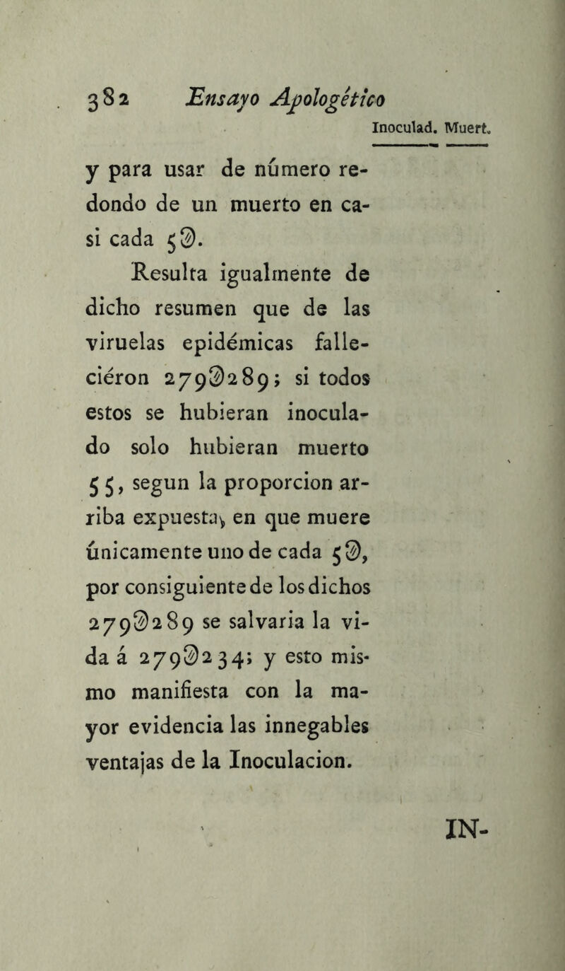 Inoculad. Muert. y para usar de número re- dondo de un muerto en ca- si cada 5@. Resulta igualmente de dicho resumen que de las viruelas epidémicas falle- cieron 2792)289; si todos estos se hubieran inocula- do solo hubieran muerto 5 5 > según la proporción ar- riba expuesta^ en que muere únicamente uno de cada 5©, por consiguiente de los dichos 279^)289 se salvaría la vi- da á 2798)234; y esto mis- mo manifiesta con la ma- yor evidencia las innegables ventajas de la Inoculación. IN-