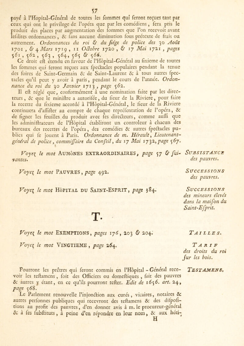 paye ci l’Hopital-Gcncral de toutes les fommcs qui feront reçues tant par ceux qui ont le privilège de l’opcra que par les comédiens, fera pris le produit des places par augmentation des lommes que l’on recevoit avant îefdites ordonnances , &c ians aucune diminution fous prétexte de frais ou autrement. Ordonnances du roi du jîégc de police des 30 Août 1701 , (& ^ Mars 1719 , Il Oclohre 1720 , & 17 Mai 1721 , pages 551 , <^6^ , <563 , 564, <5^^ & <^66.^ Ce droit efl: étendu en fiveur de l’Hôpital-Général au llxieme de toutes les fommes qui feront reçues aux fpeétacles populaires pendant la tenue des foires de Saint-Germain de de Saint-Laurent de à tous autres fpec- tacles qu’il peut y avoir à paris, pendant le cours de l’année. Ordon-- nance du roi du 30 Janvier 1713 , pcigc ^62, Il eft réglé que, conformément à une nomination fiite par les direc- teurs , de que le miniflre a autorifée, du fieur de la Riviere, pour frire la recette du fixieme accordé à l’Hdpital-Général, le fleur de la Riviere continuera d’alTiffer au compte de chaque repréfentation de l’opéra, de de figner les feuilles.du produit avec fes direéfeurs, comme aufli que les adminiftrateurs de l’Hôpital établiront un controleur à chacun des bureaux des recettes de l’opéra, des comédies de autres fpeétacles pu- blics qui fe jouent à Paris. Ordonnance de m. He'rault y Lieutenant- général de police y commijfaire du Conseil y du ij Mai 1732, 5^7* Voyti le mot AUMÔNES EXTRAORDINAIRES, page 57 & fui^ vantes* Vojei le mot PAUVRES, page 492. Voyei le mot Hôpital du Saint-Esprit, page 384; T. V'oyt^ le mot EXEMPTIONS, pages 17^5, 203 Ù 204* Voyei le mot VINGTIEME , page Pourront les prêtres qui feront commis en l’Hôpital - Ge'néral rece- voir les teflamens, foit des Officiers ou domeftiques , fait des pauvres de autres y étant, en ce qu’ils pourront tefter. Edit de i6<^6, art. 24, page 568. Le Parlement renouvelle l’injonélion aux curés, vicaires, notaires de autres perfonnes publiques qui recevront des teftamens de des difpofî- tions au profit des pauvres, d’en donner avis à m. le procureur-général en leur nom, de aux héri- H de à les lubliituts, a peine d’en répondre Subsistance des pauvres. Successions des pauvres. Successions des mineurs élevés dans la mai [on du Saint'Efprit, Tailles. Tarif des droits du roi Jur les bois, Testamrns,