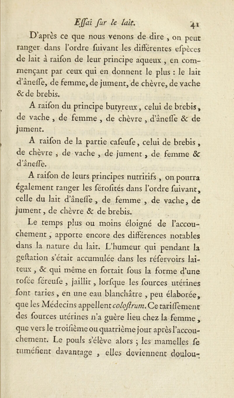 D’après ce que nous venons de dire , on peut ranger dans l’ordre fuivant les différentes efpèces de lait a raifon de leur principe aqueux , en com- mençant par ceux qui en donnent le plus : le lait d anelîe, de femme, de jument, de chèvre, de vache &: de brebis. A raifon du principe butyreux, celui de brebis, de vache , de femme , de chèvre , d’ânefle & de jument. A raifon de la partie cafeufe, celui de brebis, de chevre , de vache , de jument, de femme 8c dane/Te. A raifon de leurs principes nutritifs , on pourra également ranger les férofités dans l’ordre fuivant, celle du lait dânelle , de femme , de vache, de jument, de chèvre & de brebis. Le temps plus ou moins éloigné de l’accou- chement , apporte encore des différences notables dans la nature du lait. L’humeur qui pendant la geftation s’était accumulée dans les réfervoirs lai- teux , & qui même en fortait fous la forme d’une rofée féreufe , jaillit, lorfque les fources utérines font taries, en une eau blanchâtre , peu élaborée, que les Médecins appellent colojlrum. Ce tarifTement des fources utérines n’a guère lieu chez la femme , que vers le troifième ou quatrième jour après l’accou- chement. Le pouls s’élève alors ; les mamelles fe tuméfient davantage , elles deviennent doulou-