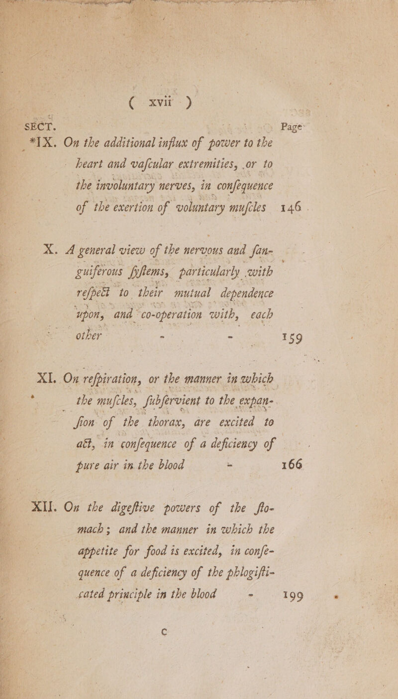 my ( xvii) heart and vafcular extremities, .or to the involuntary nerves, in confequence of the exertion of voluntary mufcles xX. A general view of the nervous and fine guiferous Lb sflems, particularly , ‘with — refpect ‘to. their mutual dependence upon, and Co- -operation cit, each WR a - fi on of the ‘thorax, are excited to ait, in confequence of a deficiency of pure air in the blood - XII. On the digeftive powers of the fo- mach; and the manner in which the appetite for food is excited, in confe- | quence of a deficiency of the phlogifti- cated principle in the blood - Page: 146 . mer, 166 £99