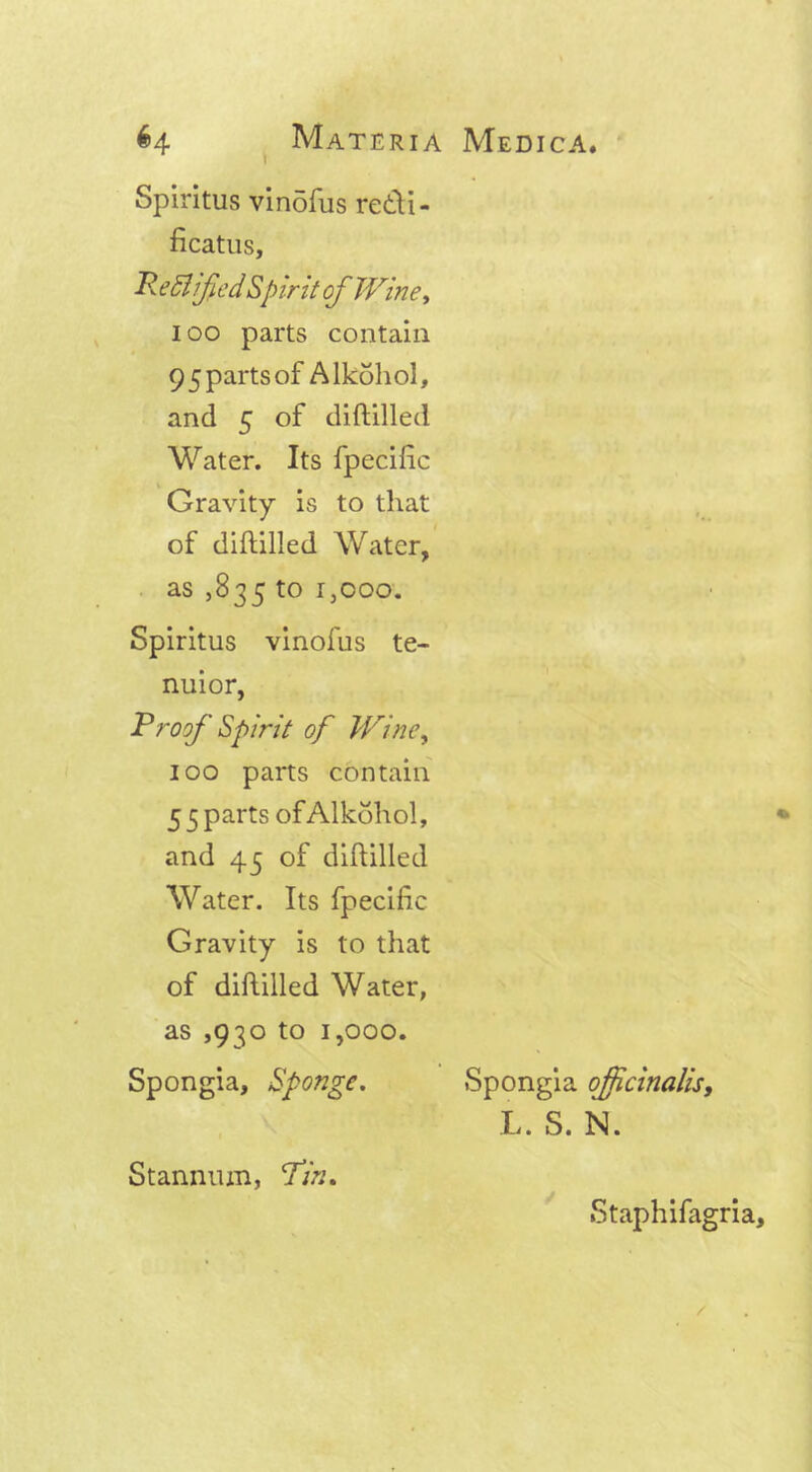 Spiritus vinofus re&i- ficatus, Rectified,Spirit of Wine, I oo parts contain 9 5 parts of Alkohol, and 5 of diftilled Water. Its fpecific Gravity is to that of diftilled Water, as ,835 to i3ooo. Spiritus vinofus te- nuior, Proof Spirit of Wine, 100 parts contain 5 5 parts of Alkohol, and 45 of diftilled Water. Its fpecific Gravity is to that of diftilled Water, as ,930 to 1,000. Spongia, Sponge. Spongia officinalis, L. S. N. Stannum, fin. ✓ Staphifagria, /