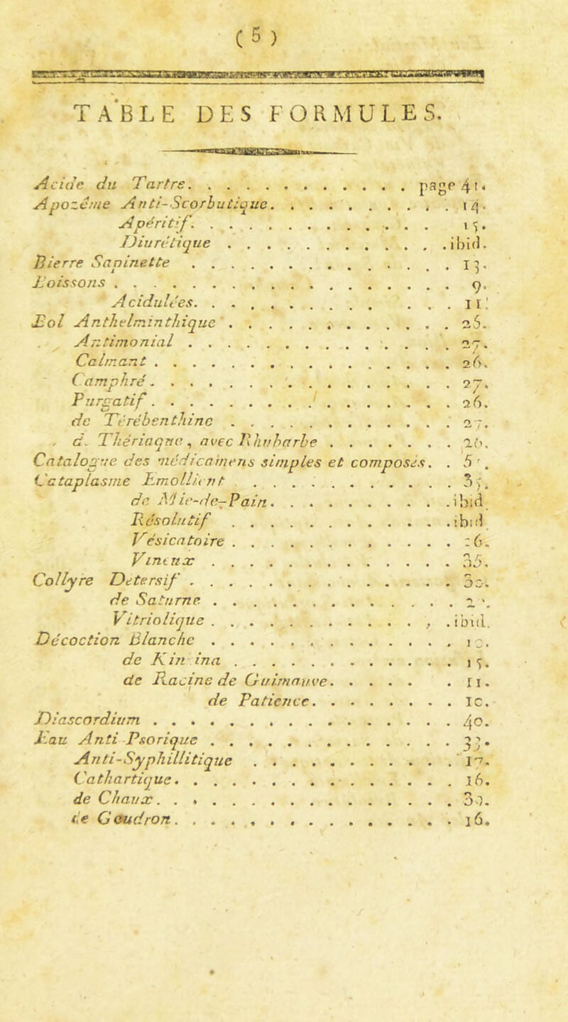 TABLE DES FORMULES. . A doc du Tartre pagp4>* Apozcme Anti-Scorbutique . i/j. Apéritif. 15. Diurétique i b i (1. îiierre Sapinette I 3. JJoissons ç). Acidulées. . 11 ; Toi Anthelminthique aS. . ^ Antimonial 27, Calmant 26. C amphré. 2~, Purgatif ' 26. de Térébenthine . 27. . d. Thériaque., avec Hhuhnrhe ^ai>. Catalogue des uiédicahiens simples et composés. . 5'. Cataplasme hmollu nt 3). de Mie~dc~Pain i hid i\ csolutif ! bi .'E Vésicatoire .... z6. Vintnx .35. Collyre Detersf 5c-. de Sa turne 2. Vitriolique .ibtd. Décoction Blanche lO. de Ki?t ina 1 de Racine de Ciiimn.uve .II. de Patience IC. Diascordiam t^o. Jiau Anti Psorique ^3. Anti-Syphillitique -I?* Cathartique de Chaux 3o.