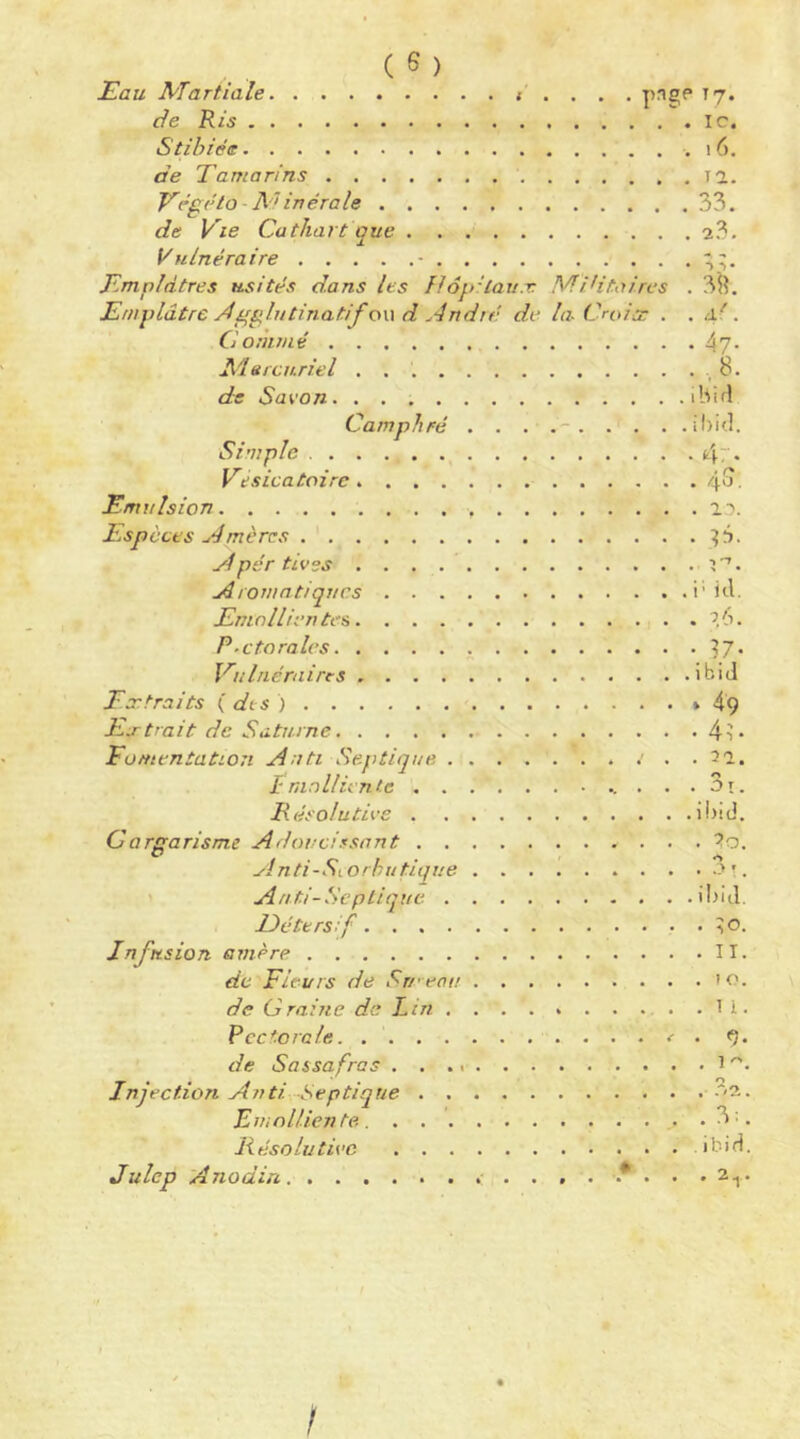 Eau Martiale ... . pnge 17. de Ris IC. Stihiée .16. de Tamarins la. Végéta M inérale de Vie Cathart que V ulnéraire - Emplâtres usités dans les fiôp'tau.v Militaires Emplâtre jâgglutinatif o\\ d André de la-Croix . Gommé Mercuriel de Savon Camphré ......... Simple Vésicatoire Emulsion Espèces Amères Apér tives A romatiques Emailien tes P.ctoralcs Vulnéraires Extraits i dts ) Extrait de Saturne Fomentation Anti Septique .' . [ ninllicnte . . Résolutive 33 23 . 3fi. . •d !'. • 47- . ,8. ibifl il) if.]. • 4r. . 4G, . 1-i. . i^kl. . 7,6. • ?7- ibid » 49 . 4,’. O Oî. ibiii. Cargarisme Adoucissant xlnti-Siorhutique ' Ant.i-Scplique Eétersif Infusion amère de Fleurs de Swean de Graine de Lin . . . . . . . Rectorale. - . de Sassafras Injection Anti Septique Emnllien te Résolutive Julcp Anodin . . 5o. •*» • • !. . .il)iil, . . ;o. . .II. . . 10. . . n. . . (]. . . 1 O . . .*2. . . 3:. . ibid. /