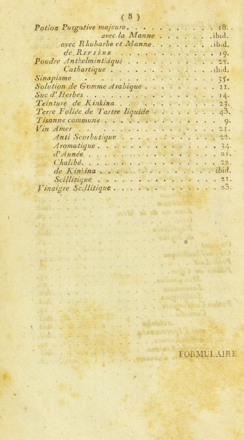 Votlon Purgative majeure i8. , avec la Manne ibitl. avec Rhubarbe et Manne ibid. de.RxviVRK 19. Poudre nthelniintiùque a*). Cathartique ibid. Sinapisme Solution de Gomme Arabique il. Sue d’Herbes j4- Teinture de Kinkina . . 23. Terre Foliée de Tartre liquide Tisanne commune 9. Vin Amer 21. Anti Scorbutique ’ 22. Aromatique . 34- d'Armée 21.' Chalibé . 22. de Kinkina ibid. Scillitique n. J'inaigre Scillitique 2.3. t ’êfjT l'üfiMLLAJRE