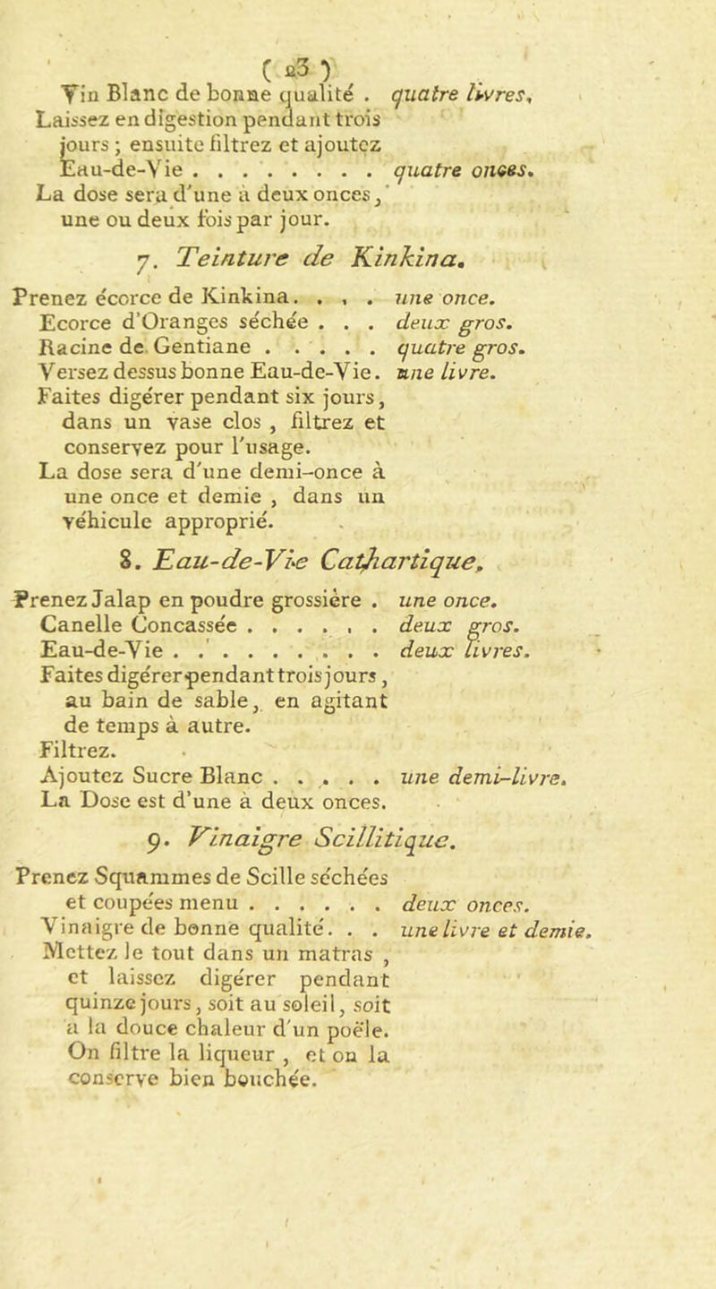 ( »3 ) Tin Blanc de bonne qualité . quatre hvres, . Laissez en digestion pendant trois jours ; ensuite filtrez et ajoutez Eau-de-Vie quatre onces. La dose sera d'une à deux onces une ou deux fois par jour. 7. Teinture de Kinkina, i Prenez écorce de Kinkina. . , . mie once. Ecorce d’Oranges séchée . . . deux gros. Racine de. Gentiane . .... quatre gros. Versez dessus bonne Eau-de-Vie. une li vre. Faites digérer pendant six jours, dans un vase clos , filtrez et conservez pour l'usage. La dose sera d'une demi-once à une once et demie , dans un véhicule approprié. 8. Eau-de-Vi'e Cathartique, Prenez Jalap en poudre grossière . une once. Canelle Concassée ...... deux gros. Eau-de-Vie . .' deux Livres. Faites digérerpendanttrois jours, au bain de sable, en agitant de temps à autre. Filtrez. Ajoutez Sucre Blanc . ... . une demir-livre. La Dose est d’une à deux onces. 9. Vinaigre Scillitiquc. Prenez Squammes de Scille séchées et coupées menu deux onces. Vinaigre de benne qualité. , . une livre et demie. Mettez le tout dans un matras , et laissez digérer pendant quinze jours, soit au soleil, soit a la douce chaleur d'un poêle. On filtre la liqueur , et on la conserve bien bouchée. I /