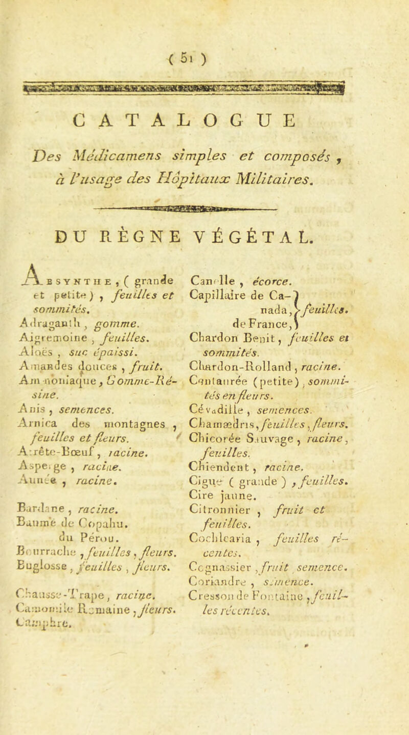 ( 5. ) CATALOGUE jD^s Médicamens simples et composés , à l'usage des Hôpitaux Militaires. ✓ DU RÈGNE BSYNTiiE,( grande et petitrt ) , feuilles et sommités. Adragaulli, gomme. Aigremoliie , feuilles. Aloës , suc épaissi. AmanJes douces , fruit. Ain n b Iliaque , G omme-Ré- sine. Ariis, semences. Arnica des montagnes , feuilles et fleurs. t A:rêto-13œuf, lacine, Aspeige , racine. Auaëe , racine. Bardnne , racine. Baume de (^opaliu. du Pérou. B( Jirradie feuilles ^ feurs. Euglosse , feuilles , fleurs. Chausse-Trape, racmc, (üa.'umi'.ile llcniaine fleurs, Ca;;iphre. VÉGÉTAL. Cani lie , écorce. Capillaire de Ca-1 nada, >feuilles. deFrance,) Chardon Bénit, feuilles et sommités. Chardon-Rolland , racine. Cunlai irée ( petite) , sommR tés en fleurs. Cévadiile, semences. ' ' Charnædrisfeuilles, fleurs. Chicorée Sauvage, racine., feuilles. Chiendent , racine. Ciguë C grande ) , feuilles. Cire jaune. Citronnier , fruit et feuilles. Cochlcaria , feuilles ré- centes. Cognassier , fruit semence. Coriandre , ssmence. Cresson de Fontaine .^feuil- les réeenies.