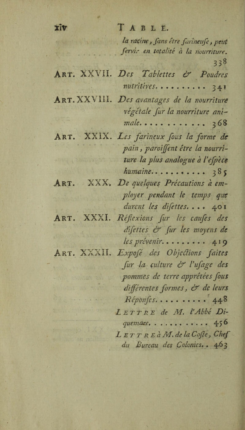 xiv ART. XX VII. ART. XRIX. ART. XXXIL. . da racine, fans être J: Eneulé ; peié | Semi en totalité à la nourriture. 338 Des Tablettes 7 . Poudres nutritives. +0 te 6 347 Des avantages de la nourriture MALE «SE TRE 368 Les farineux fous la forme de pain, paroiffent être la nourri- ture la plus analogue à l’efpèce humaine... ....... 385 De quelques Précautions à em- ployer pendant le temps que durent les difettes. ... AOY difettes 7 fur les moyens de les prévenir. . «41e P4V9 ÆExpofé des Objetlions faites Jur la. culture 7 l’ufage des pommes de terre apprétées fous différentes formes, 7 de leurs Réponfes. ....... sue 448 GENE, 1. ae RUE ‘ du Bureau des Colonies,. 403
