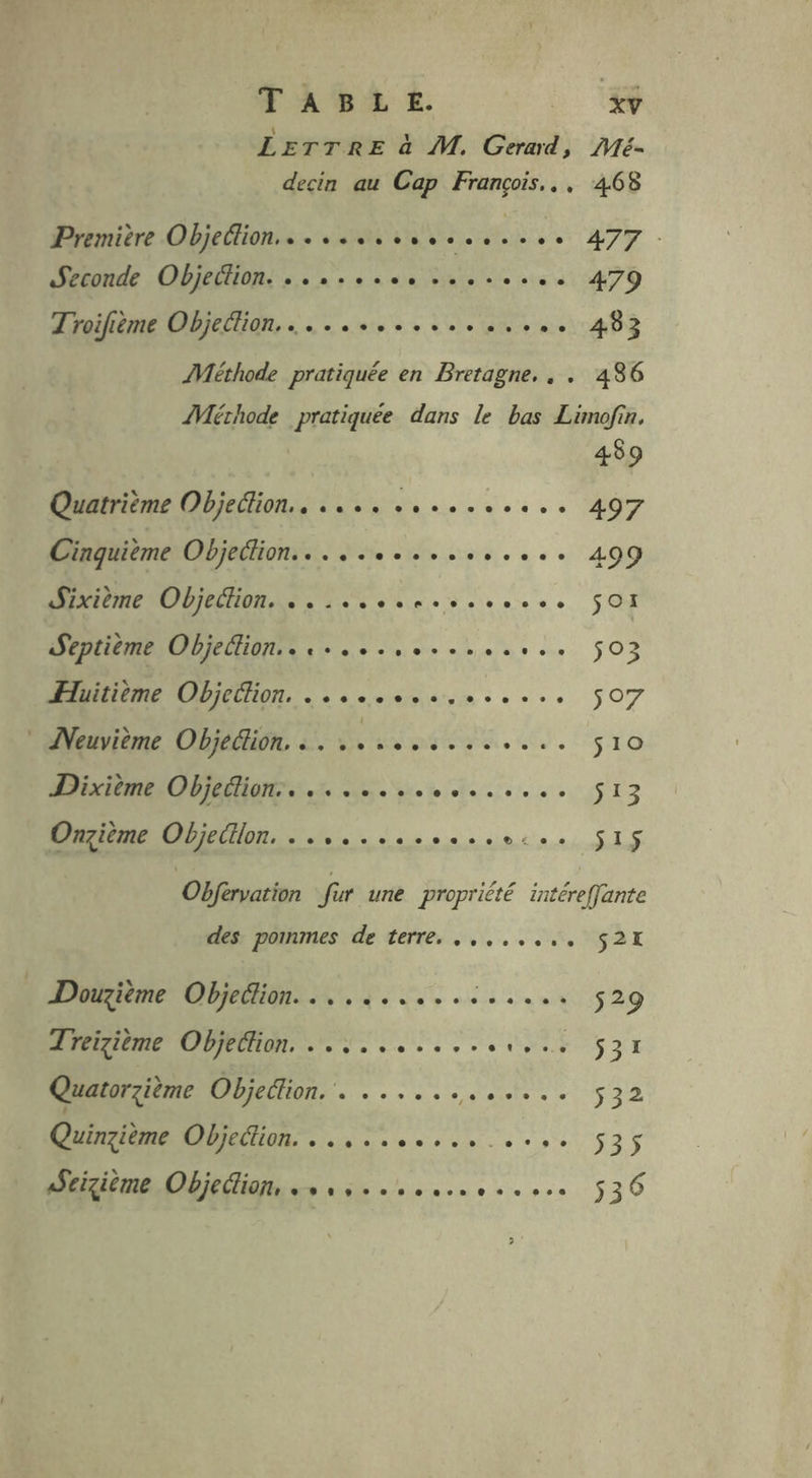 TABL É. pe LETTRE à M. Gerard, Mé- decin au Cap François... 468 Première Objettion..…s.sssseseess ee 477 : Seconde Objection. ......., ...... s.1 479 Troifième Objecion..…............. nel ADS Méthode pratiquée en Bretagne... 486 Méthode pratiquée dans le bas Limofin, 489 Quatrième Objeétion.. .... .......... 497 Cinquième Objettion........... Hous 400 RO 0e... SOI Septième Objetlion.. .....,......:.. 503 me nenm c.. ÿ07 Neuvième Objedtion. . . . POUR. LES. S10 Dixième Objeétion.. ....... VE A COPR S13 Onzième Objetion. . +... ee e ee © < © $ I ÿ Obfèrvation fi une propriété intéreffante des. pommes de terre, ..,...., s2t _ Douzième Objedtion. .. . ... 1 QAR EAU * s29 Treizième Objetfion, . .... cars deu ÿ31 Quatorzième Objettion. . ...... Mais 502 ER ..........,. $25